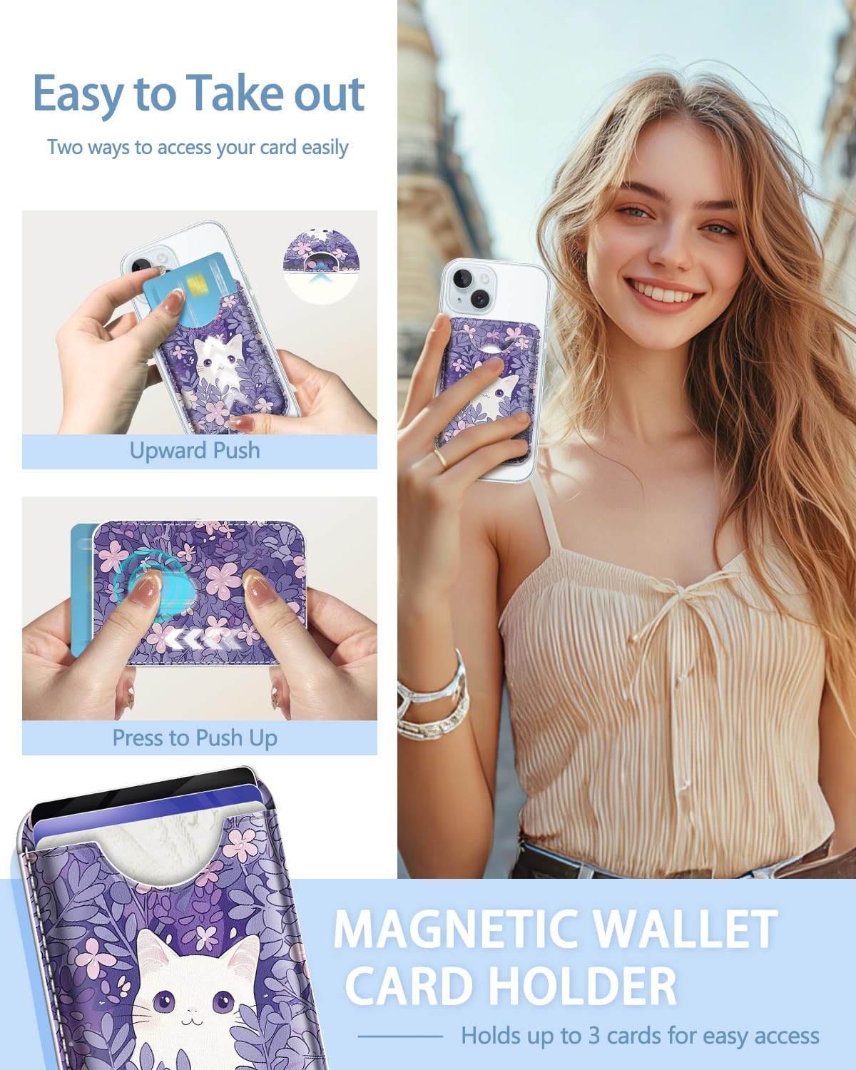 Magsafe - Cartera magnética para teléfono, diseño de gato blanco, funda magnética para tarjetas de crédito, delgada RFID de cuero vegano, cartera magnética para mujer, se pega en la parte