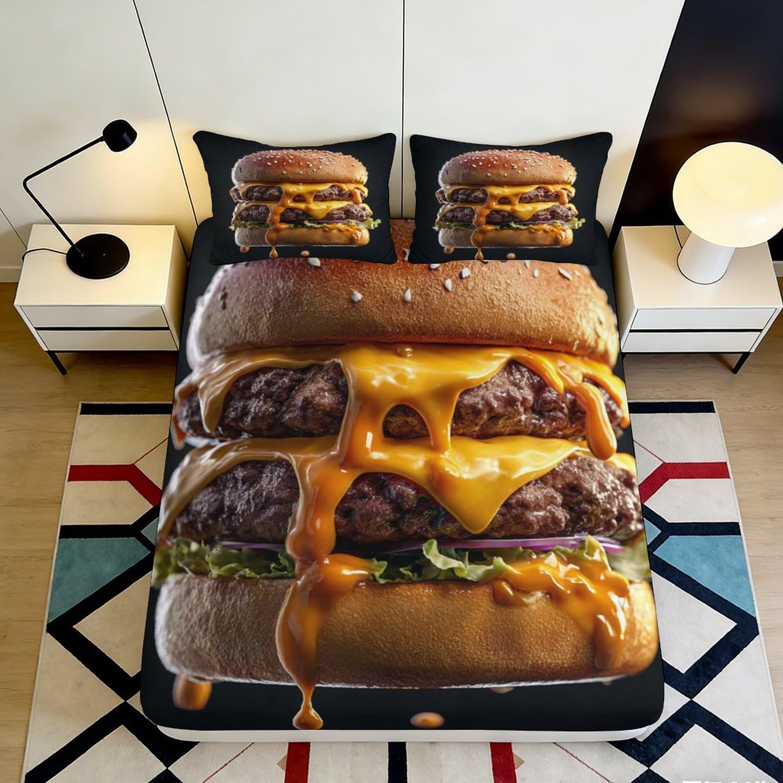 3D Printed Burger Cartoon Fitted Sheet Microfiber Soft Fun Cheeseburger Mattress Cover for Bedroom Dorm Decoration 90x200x25cm