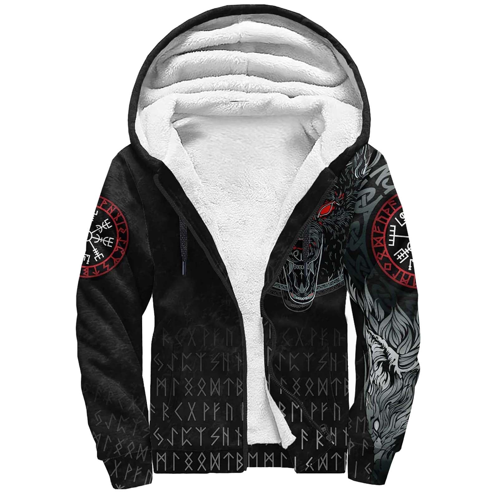 Wikinger-Drachen-Tattoo Herren Kapuzenjacke mit Fleecefutter, 3D-Druck Zip Hoodies Verdickte Langarm Kapuzenpullover, Mittelalter Fenrir Wolf Sweatjacke Winter Warm Hooded Sweatshirt mit Tasche