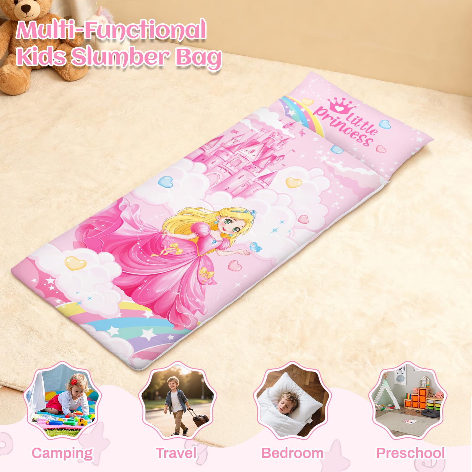 Saco de Dormir para Niños con Almohada, Tapete de Siesta para Niños y Niñas, Cálido Saco de Dormir de 150 x 60 cm, Tapete de Dormir Enrollable con Doble Cremallera