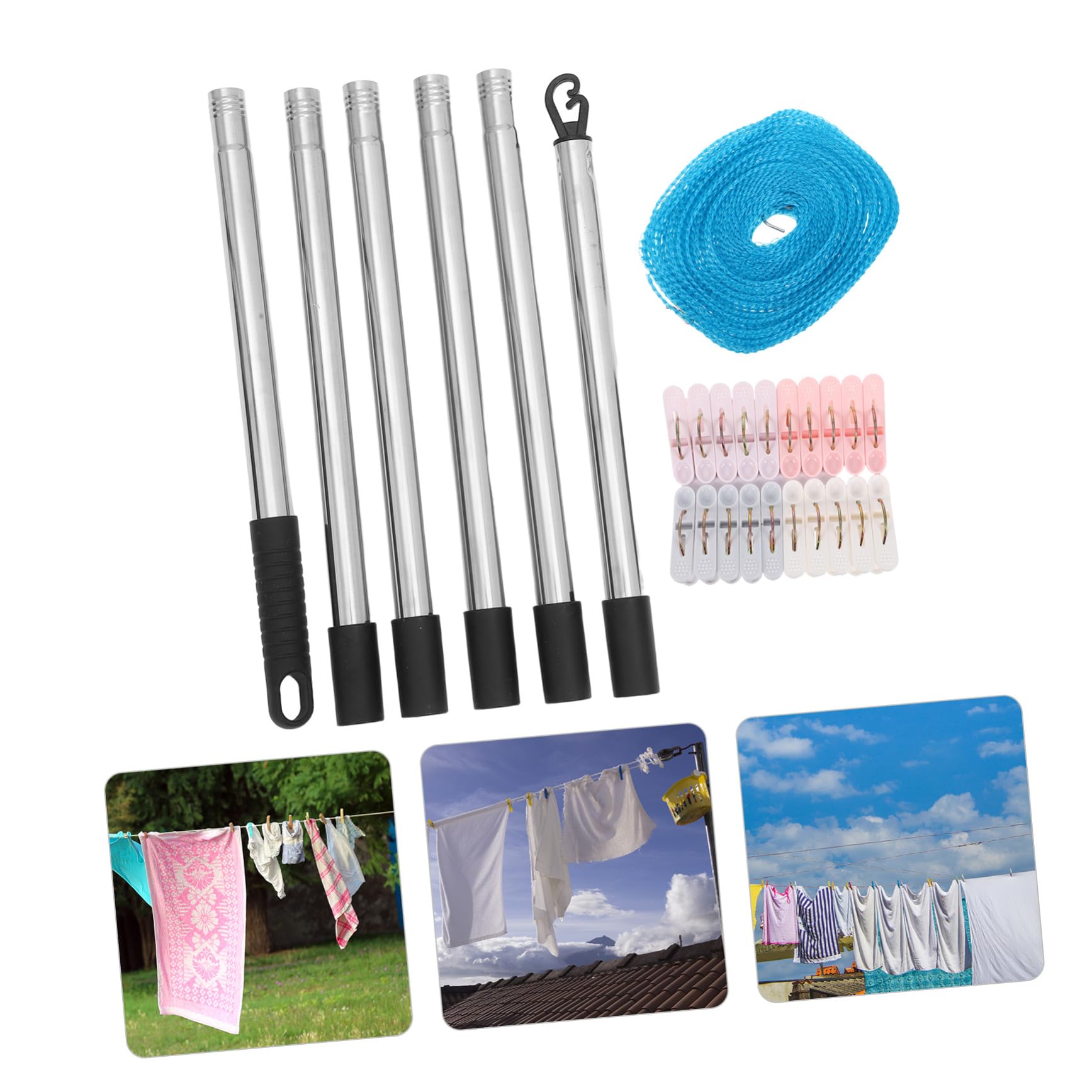 GALPADA Robuste Wetterfeste Wäscheleine 10m mit Abnehmbarer 22m Wäschestange Haken Clips Verstellbares Outdoor Wäscheleinen Satz für Camping Garten und Balkon