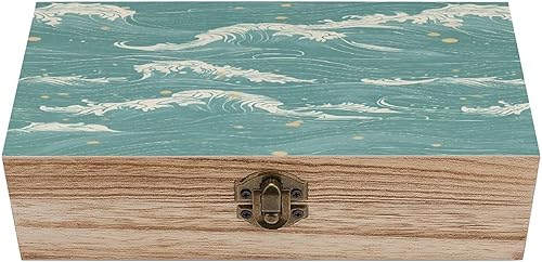 Ocean Waves Wooden Storage Box with Hinged Lid Vintage Gift Box Natural Wood Keepsake Decorative Box Rustic Jewelry Box 7.9" X 3.9" X 2.3"