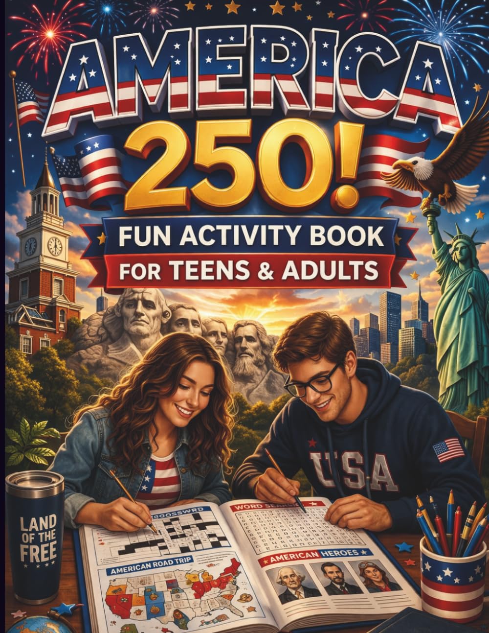 America 250 Activity Book for Teens and Adults: Patriotic Puzzles, Coloring Pages, Mazes, Word Search & Crossword with Solutions | Relaxing and Educational Activities Inspired by U.S. History