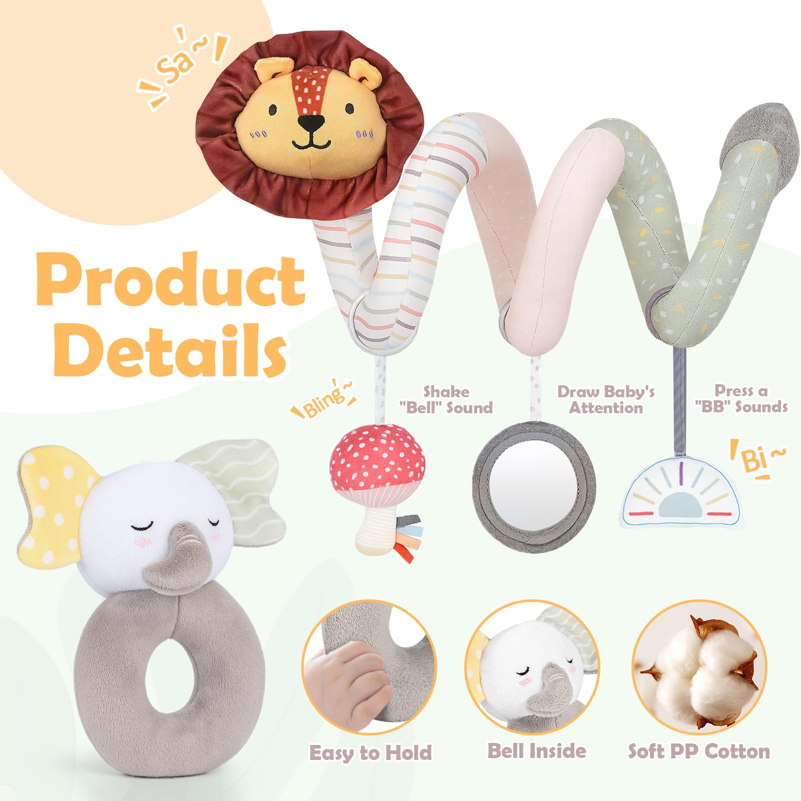 Joyreal Juguetes de cochecito en espiral para bebés, juguetes para recién nacidos, juguetes sensoriales para asiento de coche, sonajeros de bebé, anillos de enlace, libros de bebé de 0 a 12 meses