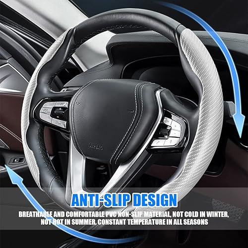 Miniatura 4 de Cubierta de volante de coche, protector de volante segmentado de cuero PU de fibra de carbono, accesorios interiores de automóvil transpirables,