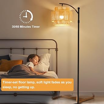 Rattan Floor Lamp with 3 Color Temperatures, Dimmable Boho Floor Lamp with Remote Control, Adjustable Height Tall Lamp for Living Room, Bedroom, Office, Wicker Standing Lamp with Foot Switch