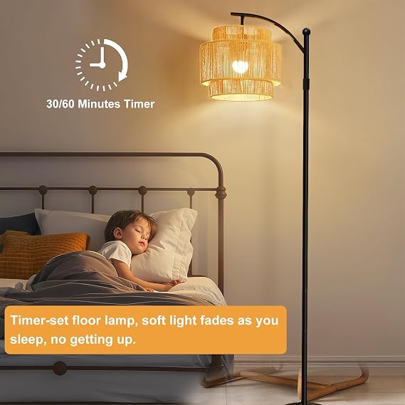 Rattan Floor Lamp with 3 Color Temperatures, Dimmable Boho Floor Lamp with Remote Control, Adjustable Height Tall Lamp for Living Room, Bedroom, Office, Wicker Standing Lamp with Foot Switch