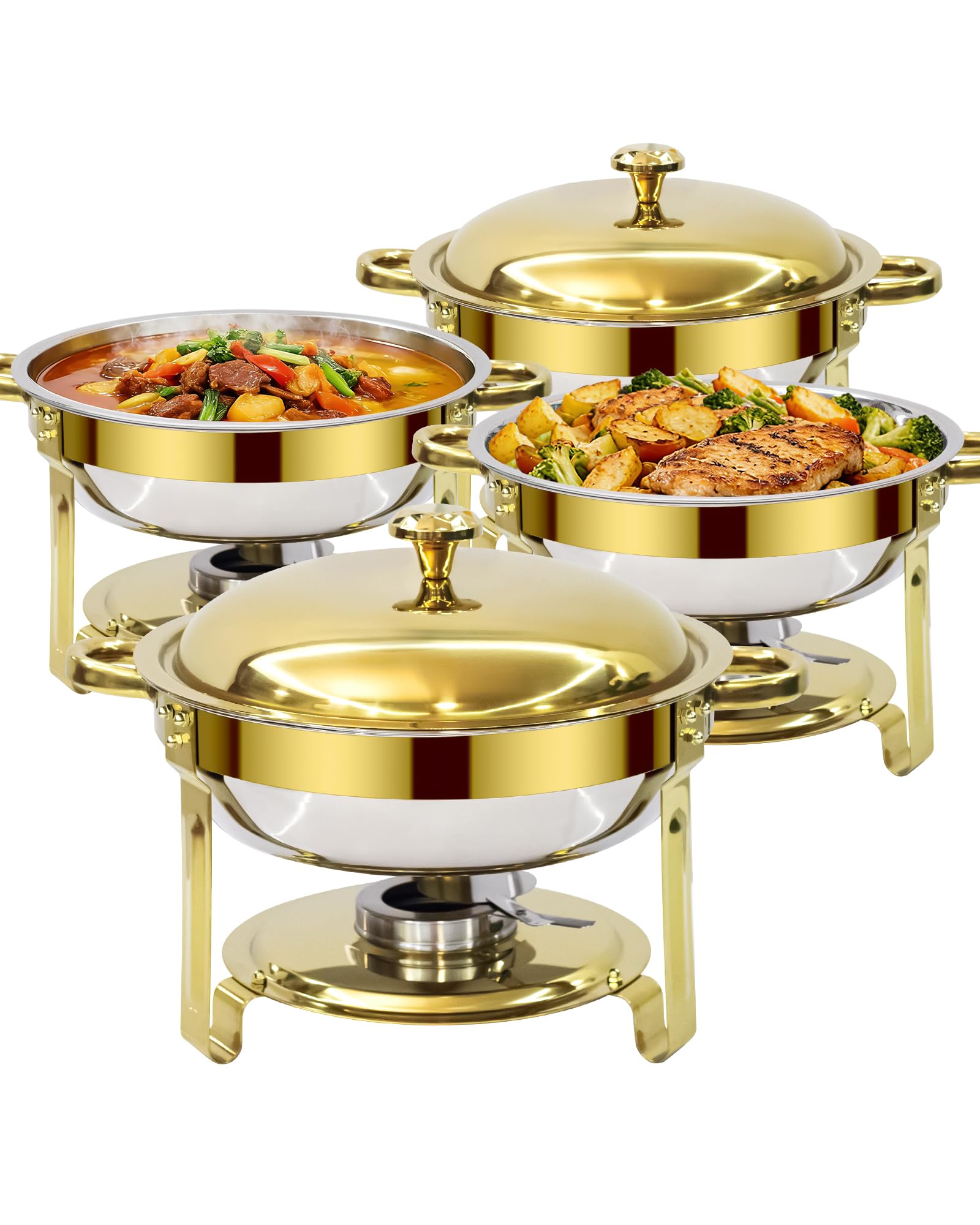 Food Warmer Buffet Server, 6L Round Chafing Dish Buffet Set with Mirror-Like Polished Finish –4 Pack Set for Buffet, Birthday & Holiday Parties, Church Events (Gold)