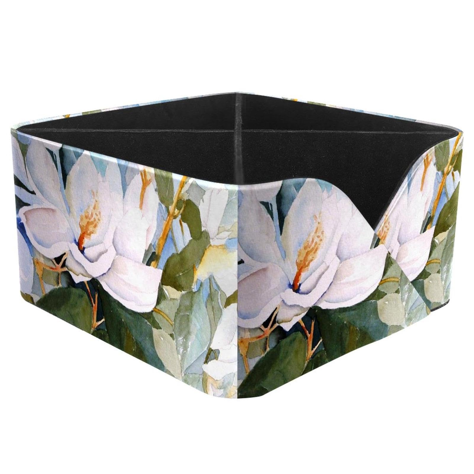 KengjuTesu Magnolia Painting Desktop Organizer Pen Holder, Rectangular Pencil Cup for Office, Study and Makeup Stations