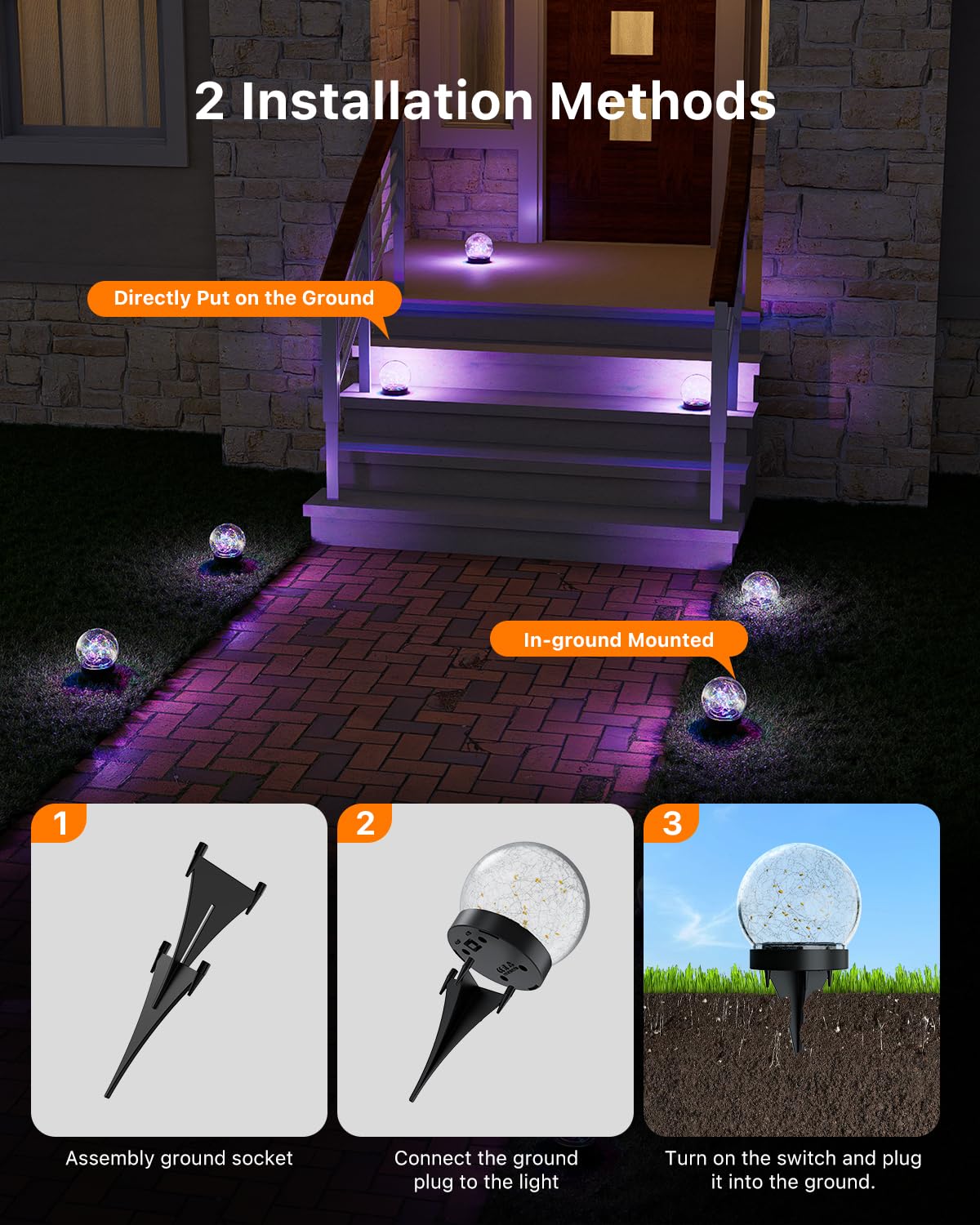 Mehrfarbige solarbetriebene rissige Glaskugel-Lichter für den Außenbereich, wasserdicht, LED-RGB-Ambientekugeln, Lampen für den Außenbereich, Garten, Terrasse, Tisch, Gehweg, Treppen, Rasen