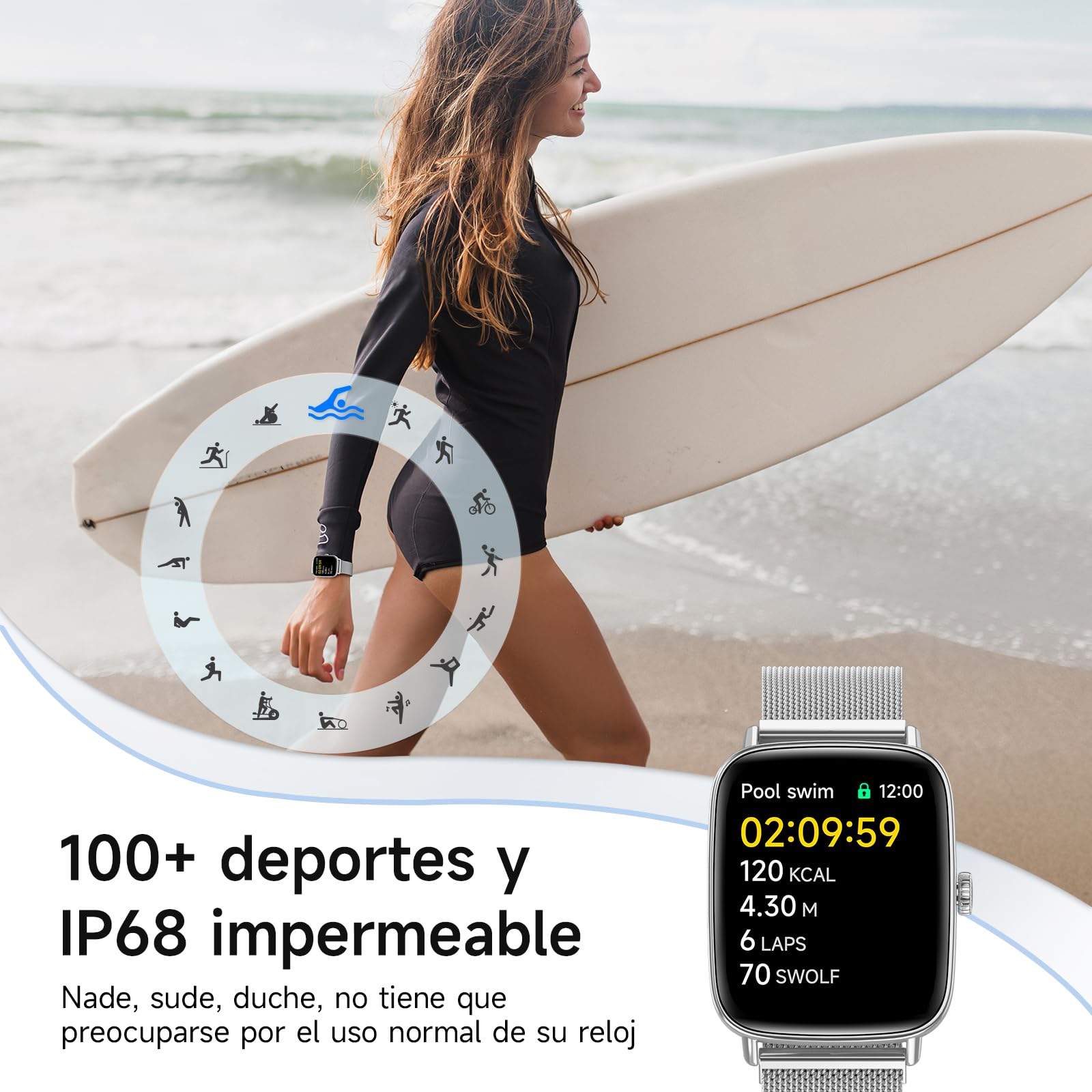 Reloj Inteligente Hombre Mujer con Llamadas, 1.85" Smartwatch Mujer Whatsapp Notificaciones,110+ Modos Deportivos Smart Watch con SpO2/Pulsómetro/Monitor de Sueño,Relojes IP68 para iPhone Android