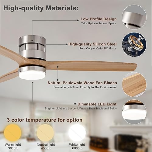 Miniatura 5 de BOOMJOY Ventiladores de techo de perfil bajo de 52 pulgadas con luces y motor de CC de control remoto, ventilador de techo industrial de madera de