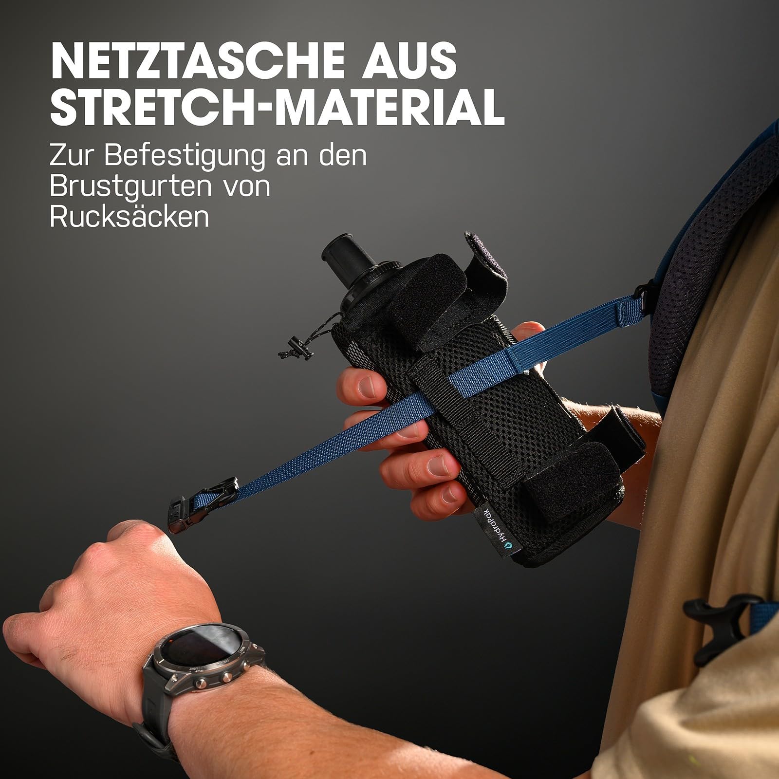 HydraPak PackFlask+ (750ml) – Wasserfilterflasche mit Gurtbefestigung für Rucksäcke. Freihändig nutzbare, praktische, ultraleichte und faltbare Softflasche für Wanderungen und Rucksacktouren