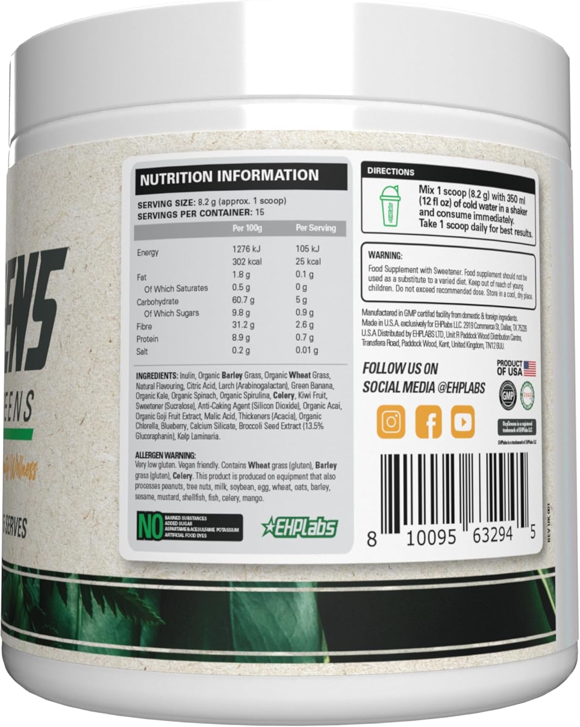 EHP Labs OxyGreens Super Greens Powder with Spirulina & Chlorella, Prebiotic Fiber, Probiotics & Digestive Enzymes – Antioxidant Green Superfood Supplement - 15 Serves (Pineapple) - Image 8