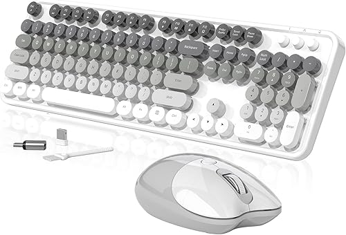 Teclado y mouse inalámbricos cremosos, MOFII 104 teclas redondas máquina de escribir retro con OTG y cepillo, tamaño completo, ergonómico, ideal