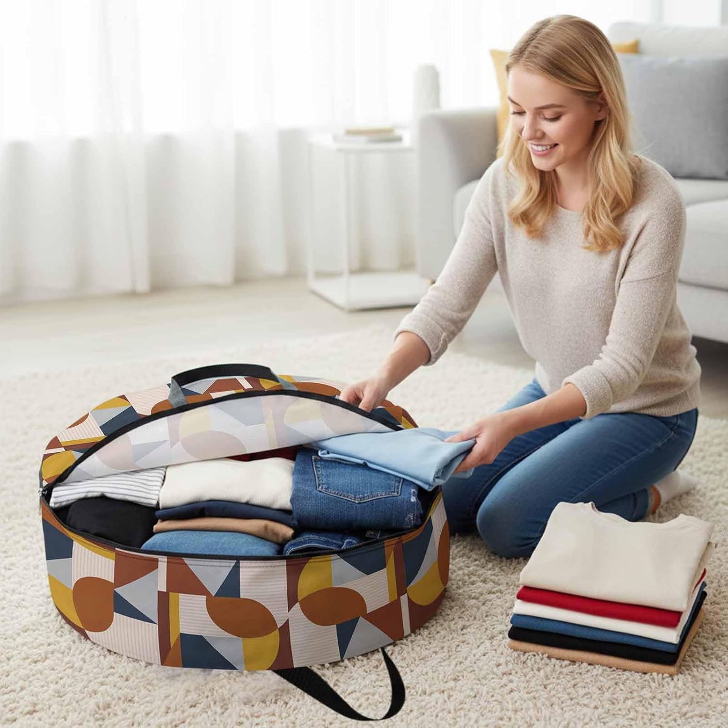 Art Decor Round Storage Bag 36 Inch, Mid-Century Modern Abstract Geometric Multi Color Clothes Storage Container with Handles Heavy Duty Organizer for Comforter, Bedding & Holiday Wreaths