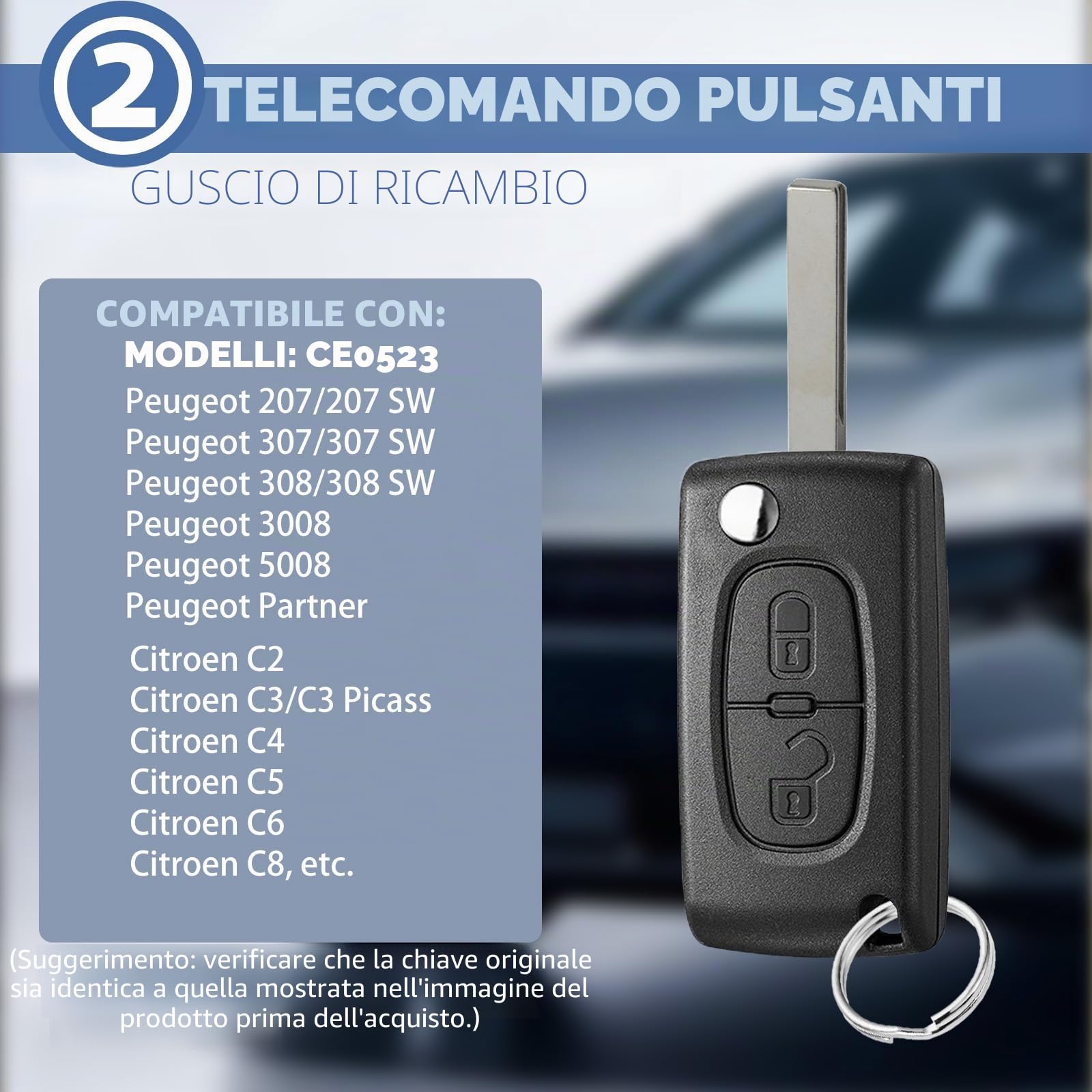 Telecomando Chiave Auto 2 Pulsanti Guscio Pieghevole Compatibile Peugeot 207 307 308 3008 5008 Partner Citroen C3 C2 C4 C5 C6 C8