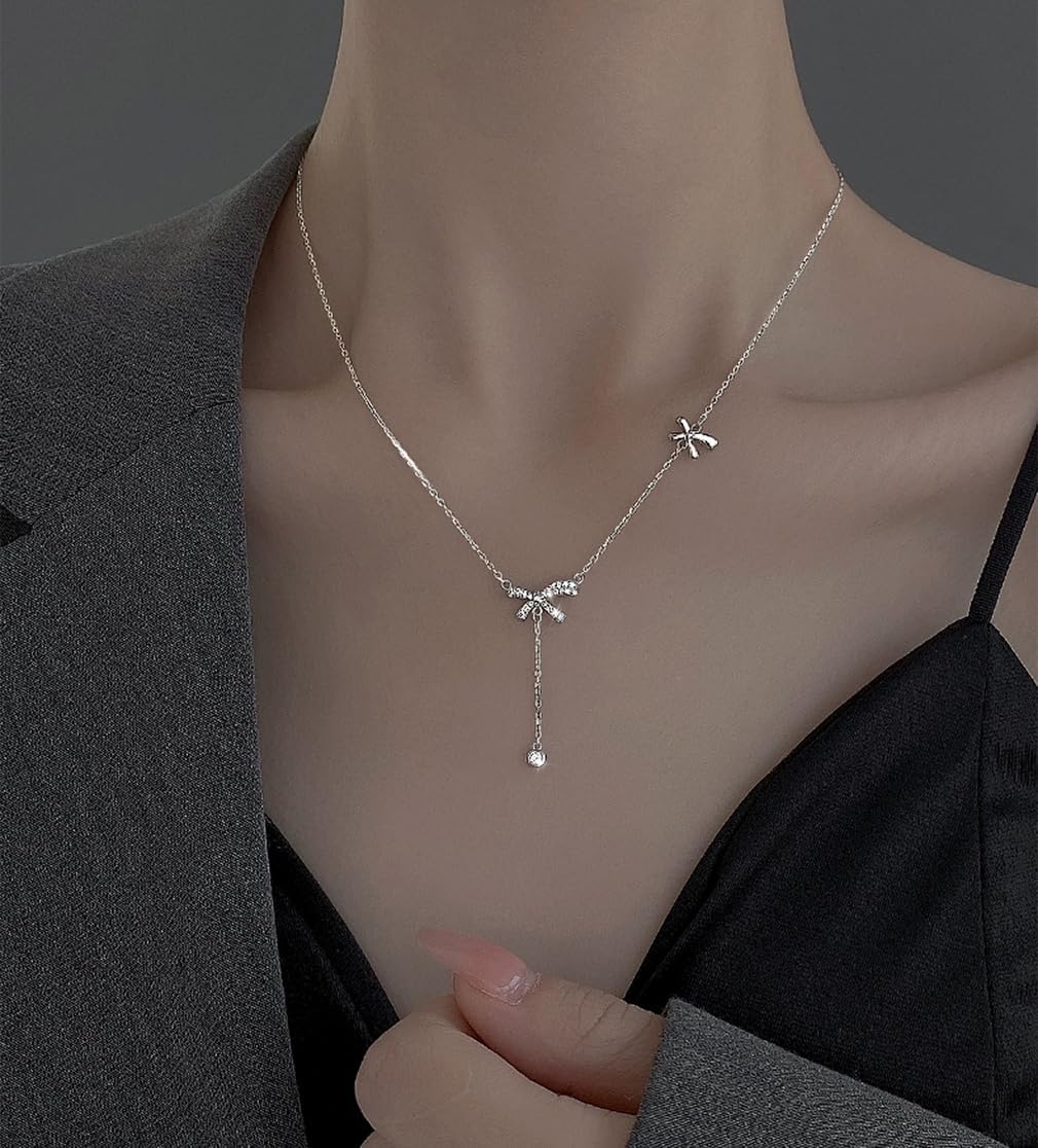SLUYNZ 925 Sterling Silver Bow Y Necklace for Women Teens Cubic Zirconia Bow Y Necklace Pendant Bow Chain Necklace - Image 6