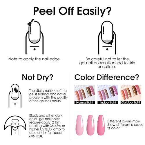 Miniatura 8 de ROSALIND Juego de 48 esmaltes de uñas de gel, color blanco, nude, rosa, juego de uñas de gel con capa base, no se limpia y capa superior mate,