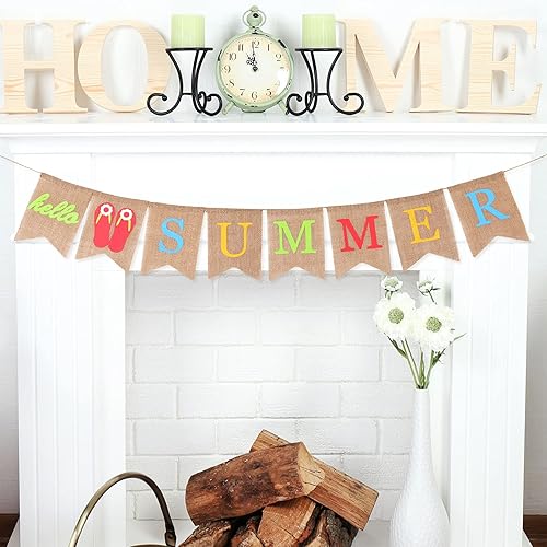 Miniatura 3 de Tatuo Cartel de Hello Summer - Guirnalda rústica de arpillera para decoración de verano, decoración colgante para puerta, mantel de chimenea,