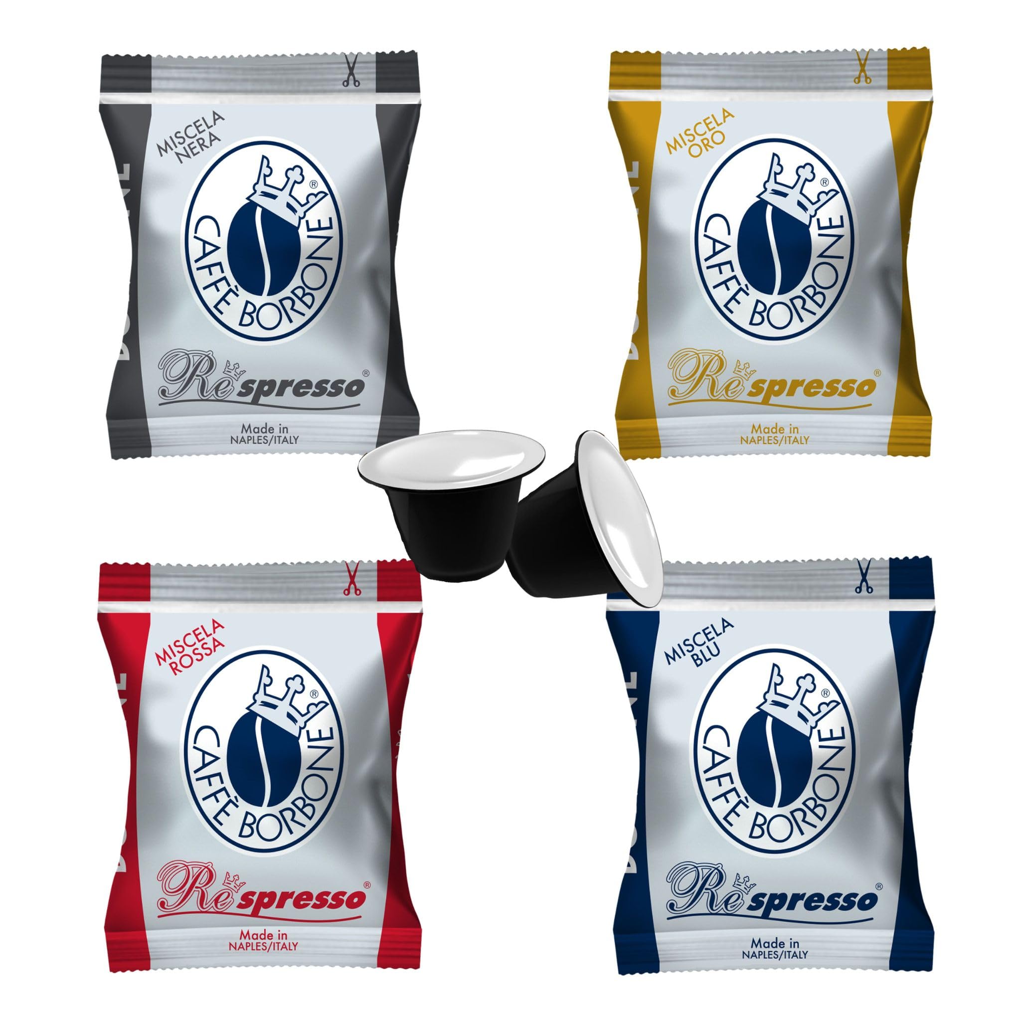 4 x 50 Cápsulas Borbone respresso degustación 50 negra, 50 azul y 50 roja, 50 oro, compatibles con Nespresso