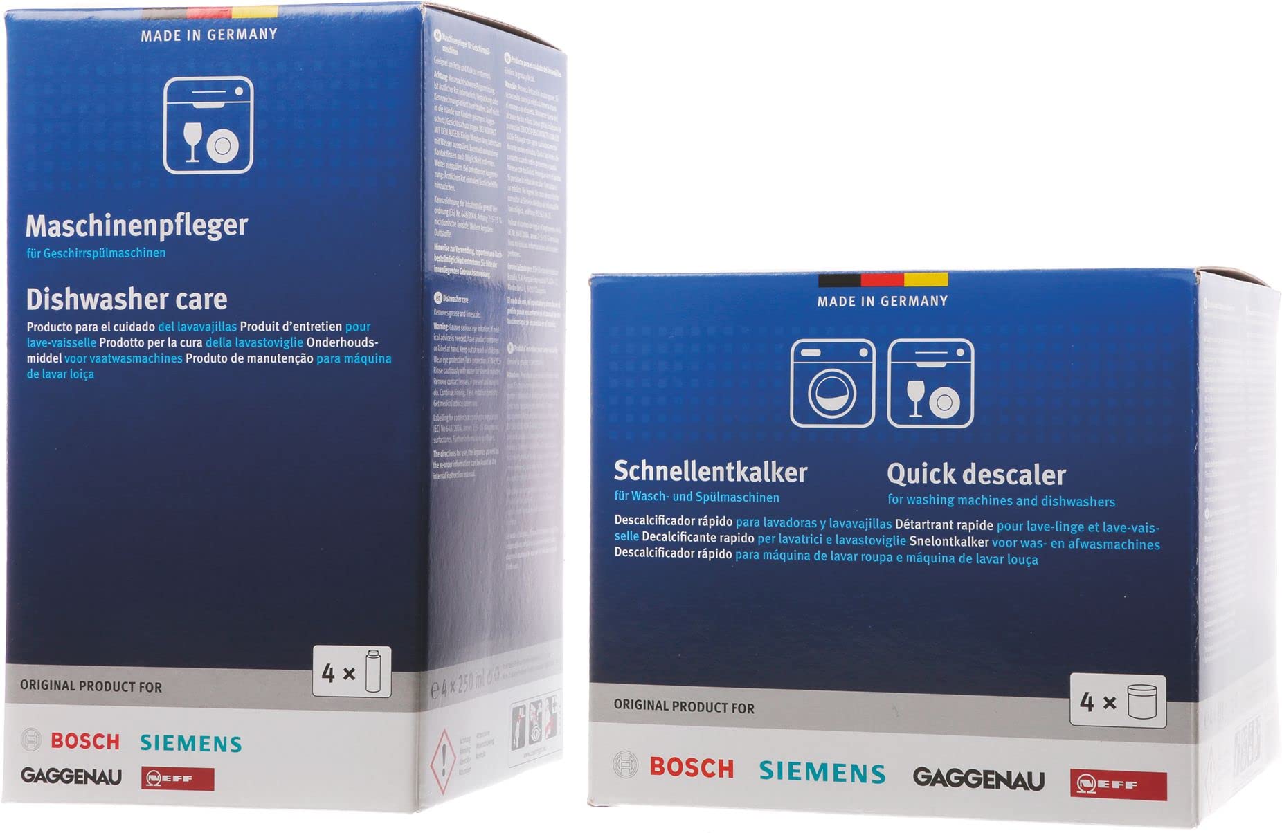Reinigungsset 4 x 250ml Entfetter Spülmaschine + 4 x 250g Entkalker Waschmaschine / Spülmaschine Kompatibel für Bosch Siemens Neff Gaggenau 00312268