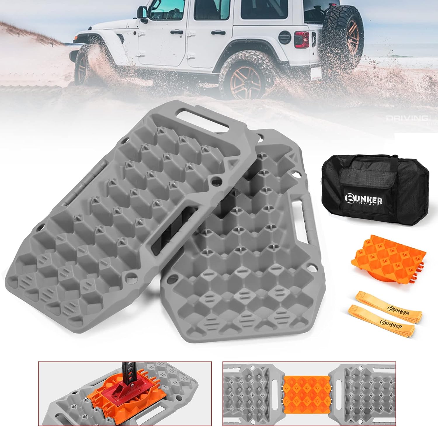 BUNKER INDUST Offroad Traction Boards with Jack Base,Pair Multifunctional Recovery Tracks Tire Traction Mat Snow Mud Sand Ramp-Grey 4X4 ATV UTV Car Traction Pads with Carry Bag Gray