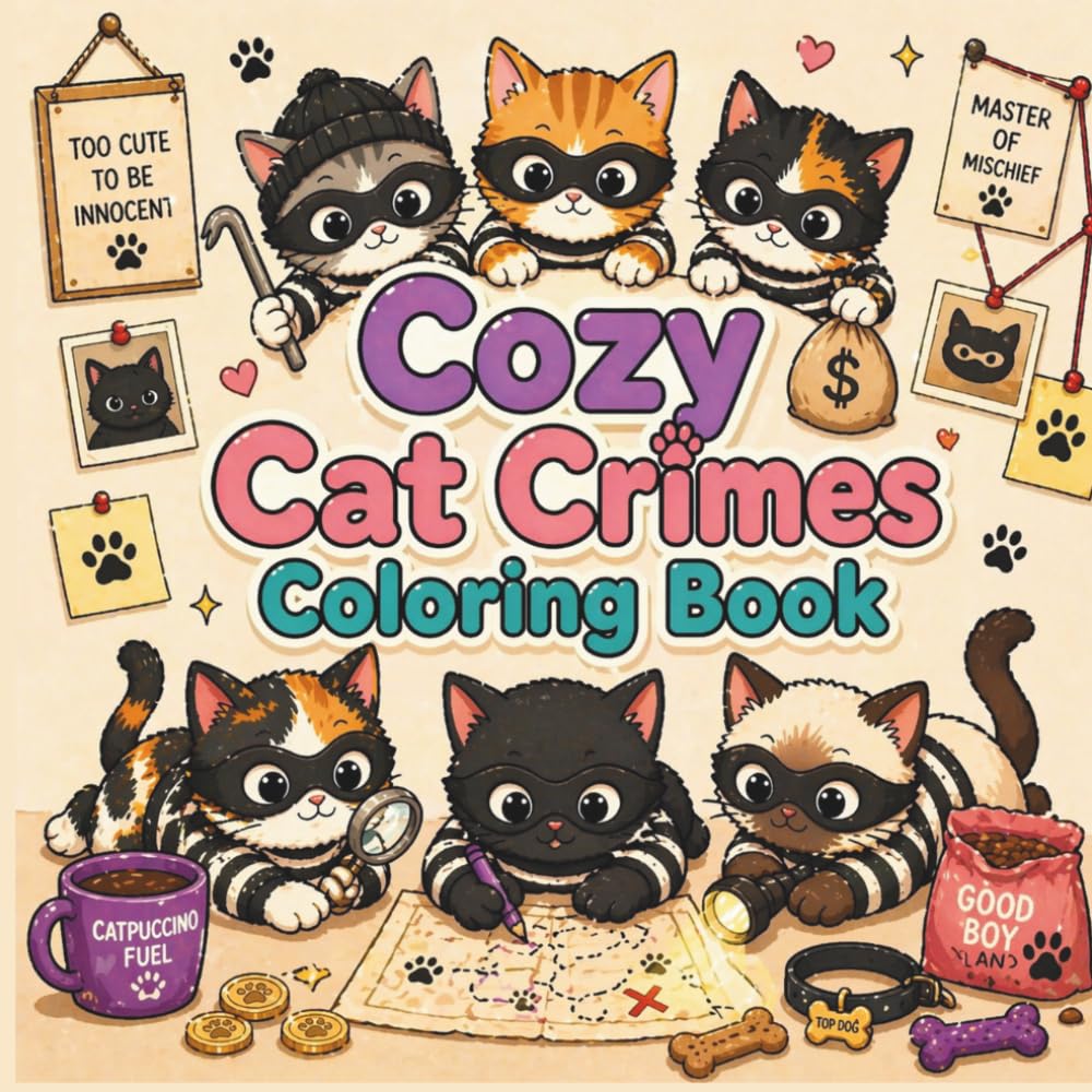 Cozy Cat Crimes Coloring Book: Cute Cat Crimes, Silly Feline Mischief, Cozy Chaos, and Stress Relief for Adults and Teens