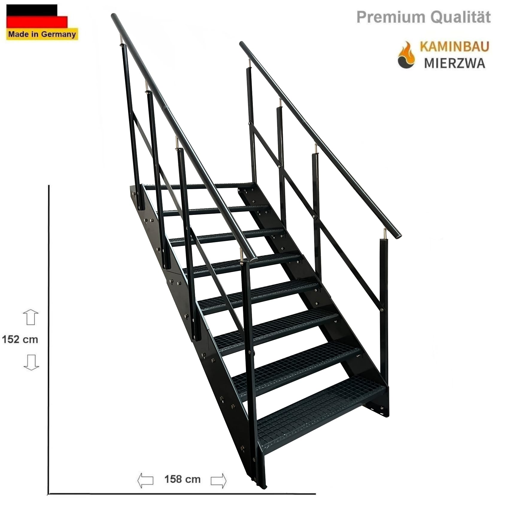 Schody podestowe premium na podest, stalowe schody, 8 stopni, wysokość 152 cm, orientacja schodów policzkowych do wyboru z lewej lub prawej lub z przodu (schody z przodu)