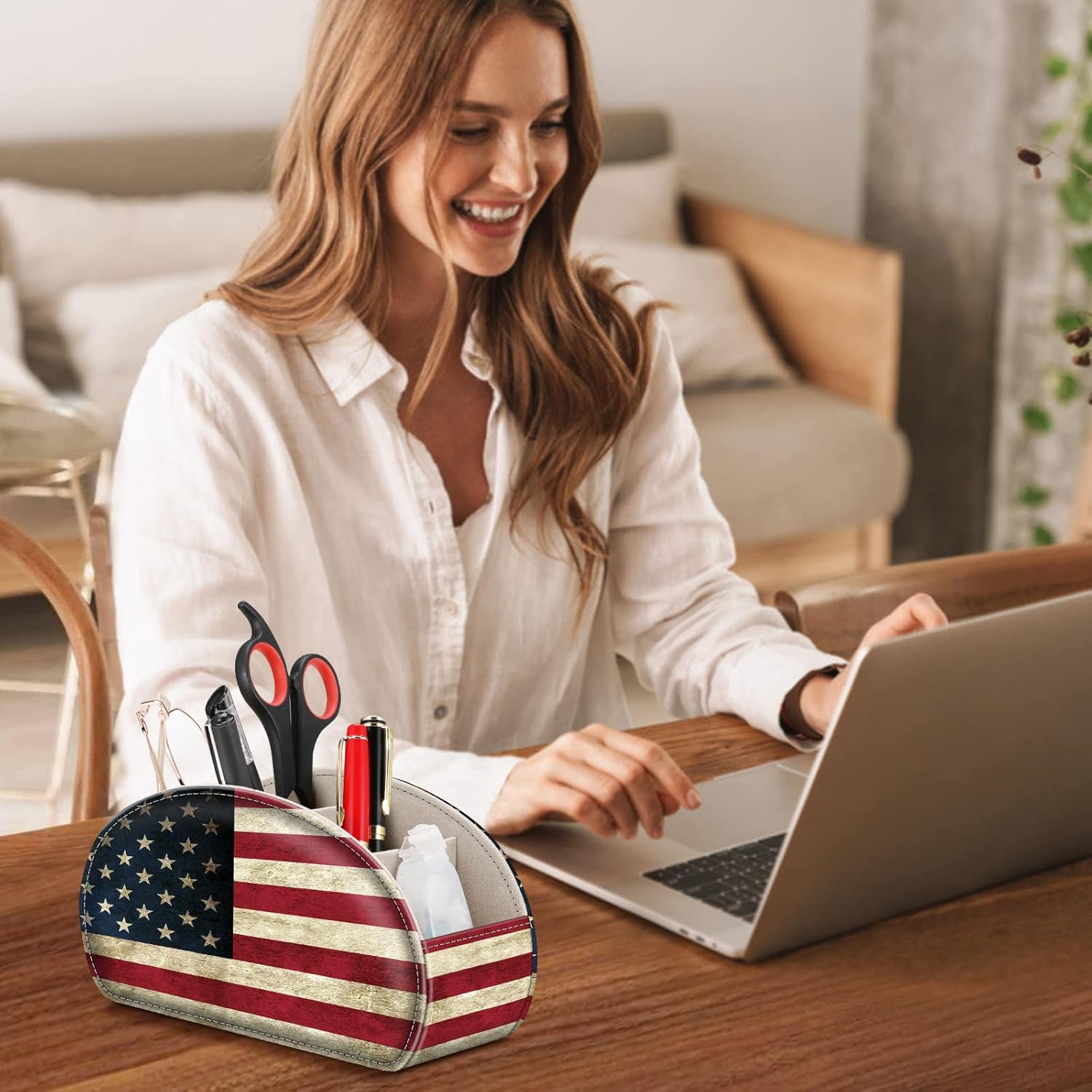 Fintie Remote Control Holder, 5 Compartments Vegan Leather TV Remoter Caddy Desktop Organizer Makeup Brush Holder Storage Fits TV Remotes, Media Controllers, Office Supplies(US Flag) image 7 of 7 B09ZTRX6YD