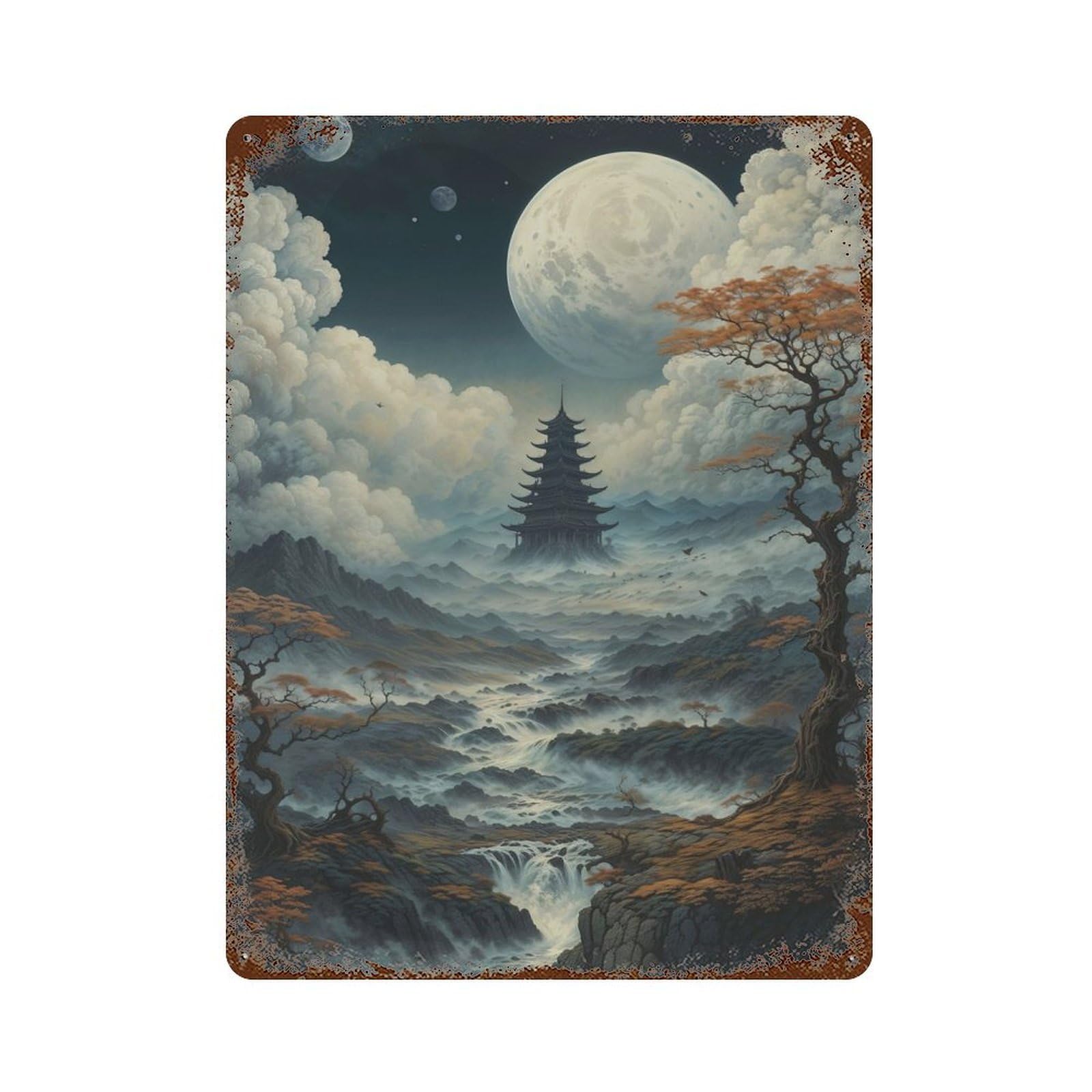 Pagoda Under The Full Moon Decorative Tin Sign 15.7"x11.8", for Bistro, Counter And Cafe Decor, Retro Wall Decor