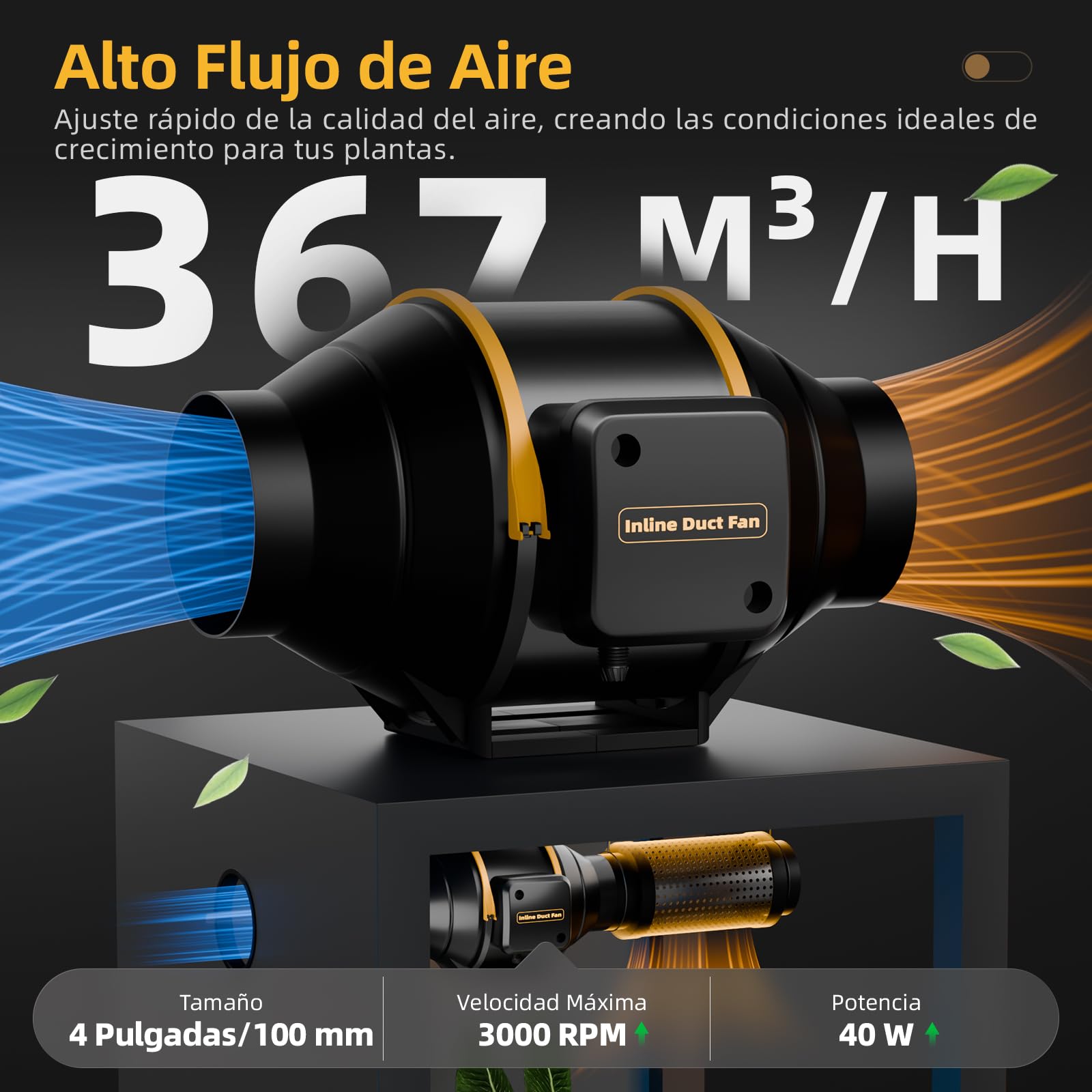Inteligente Extractor de Aire 100mm, Temporizador, Regulador de Temperatura y Humedad, 367m³/h Extractor de Conducto en Línea, Equipos de Ventilación para Tienda de Cultivo