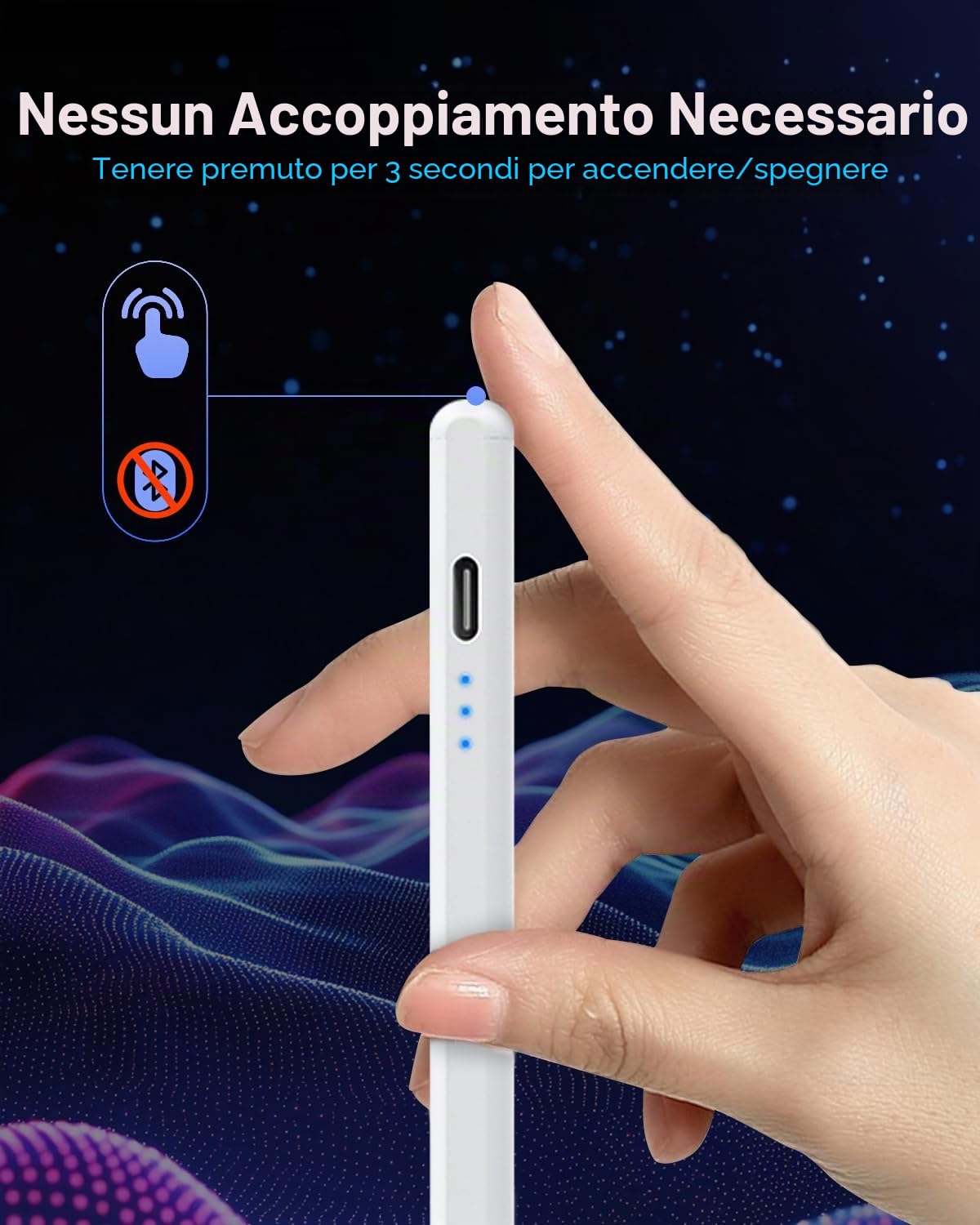 Penna USB-C Ricarica Rapida per Apple iPad 2018-2025, Sensibilità Inclinazione e Rejeczione Palmo, Matita per iPad 11/10/9/8/7/6 Pro M4 13"/12,9"/11" Air M3/M2/5/4/3 Mini 7/6