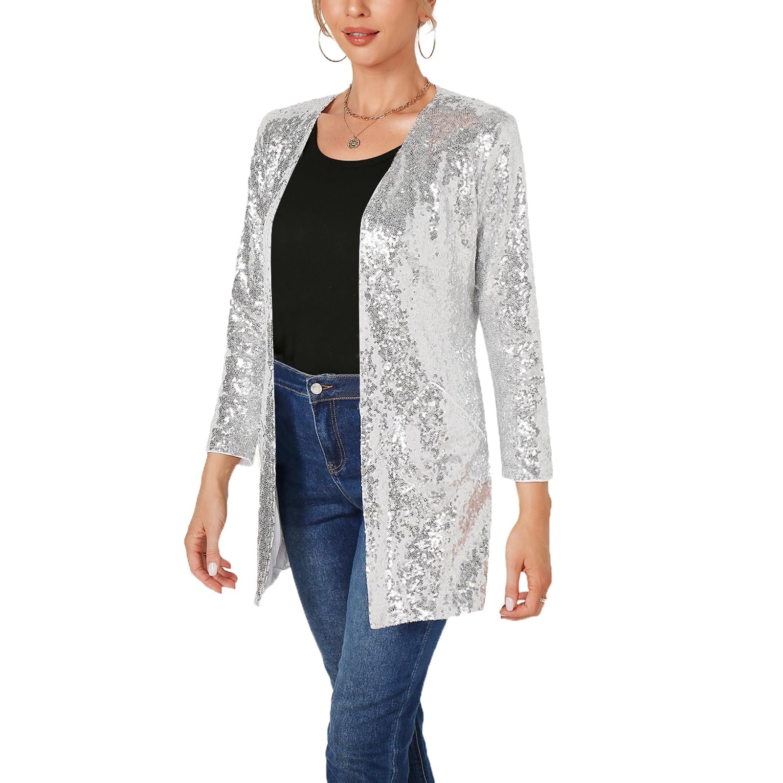 Damen Pailetten Jacke Glitzer Blazer Elegant Offene Vorne Langarm Pailetten Cardigan Festliche Strickjacke Party Club