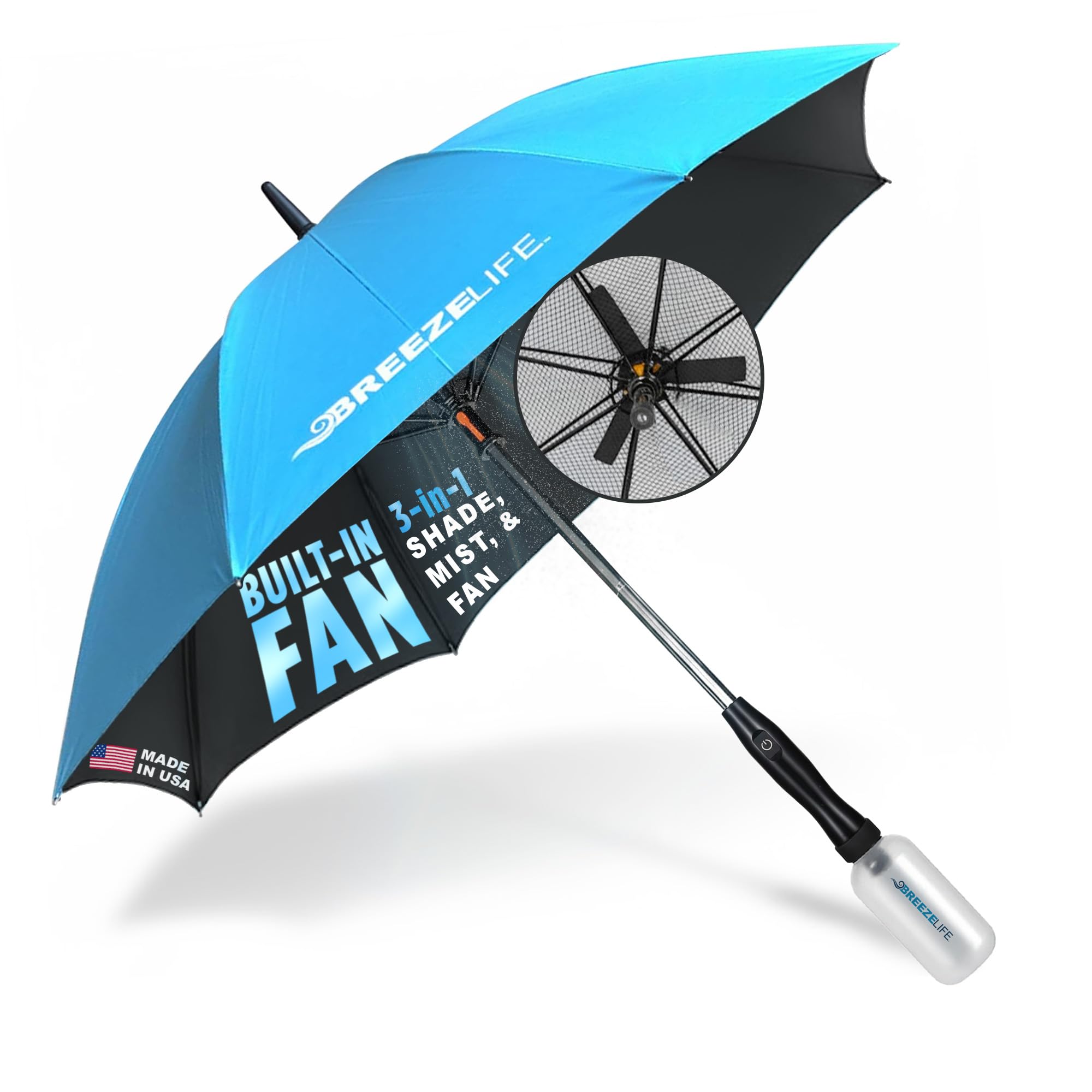 Rechargeable Mister Breeze, Sun Umbrella with Fan and Mister, Umbrella Mister with Built-in Fan, For Festivals, Beach and More, Blocks Harmful Sun Rays, Mist bottle included