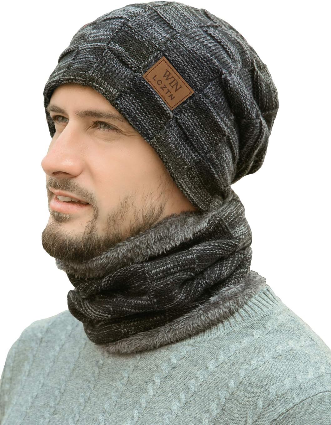 Mens Winter Beanie Hat Scarf Set Warm Fleece Lined Knit Ski Hats Slouchy Skull for Unisex Gift