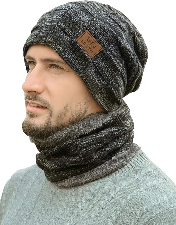 Mens Winter Beanie Hat Scarf Set Warm Fleece Lined Snow Knit Ski Cap
