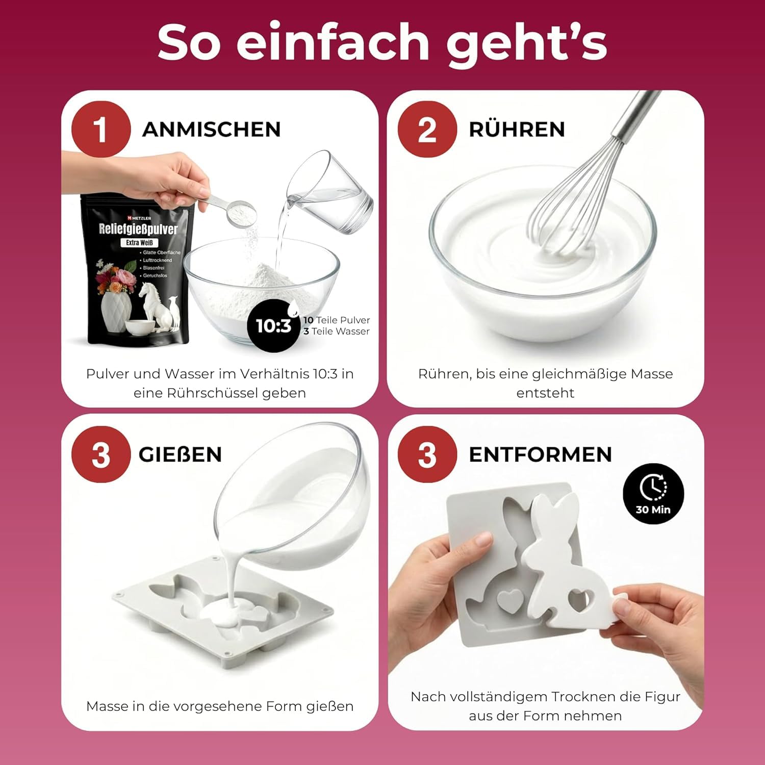 Metzler® Gießpulver extra weiß blasenfrei und detailtreu für glatte Oberflächen vielseitig einsetzbar zum Basteln von Figuren Deko Untersetzern und Vasen geruchslos schnelltrocknend 10 kg