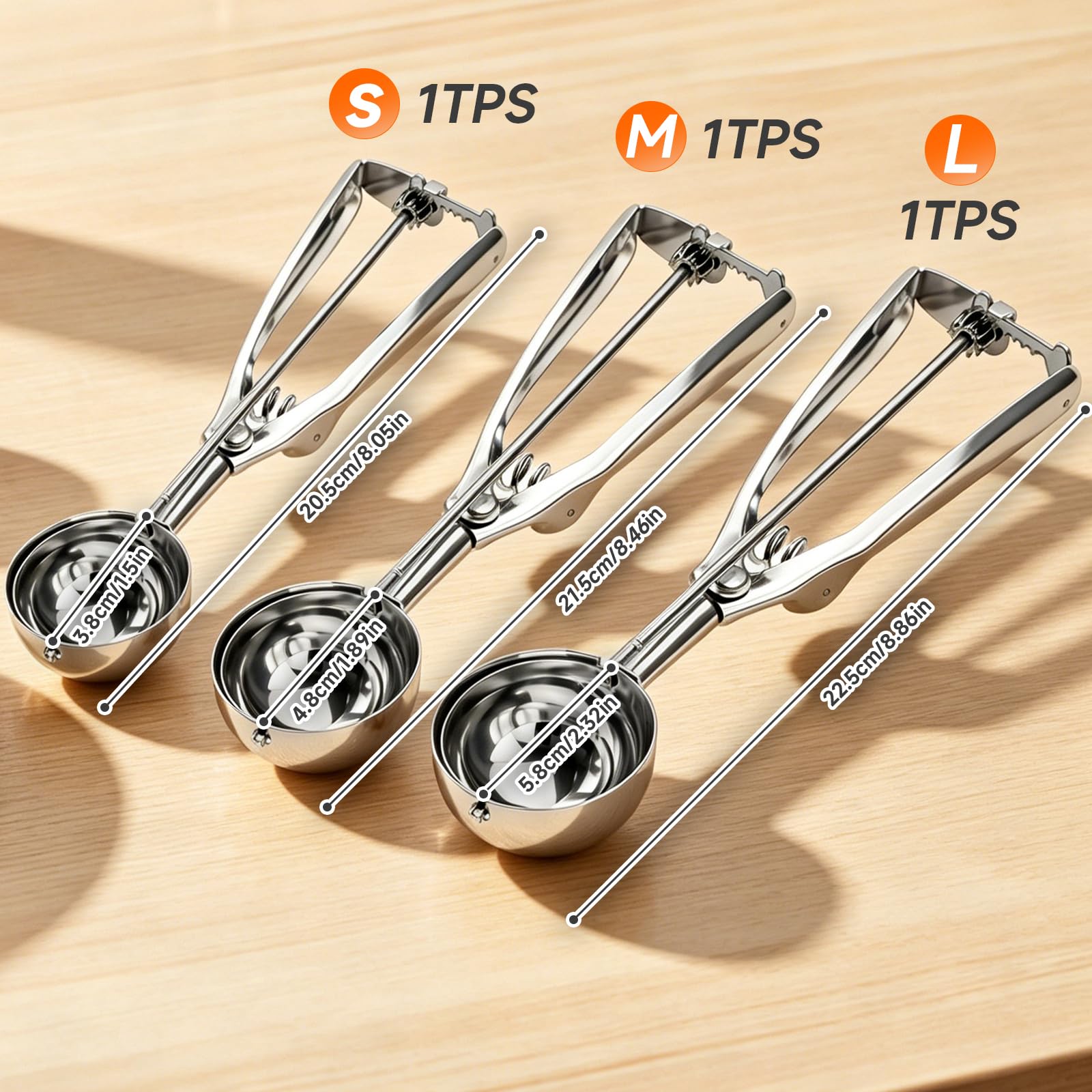 Juego de 3 cucharas de acero inoxidable para helado con disparador (15/30/45 ml) – Para bolas perfectas de helado, masa de galletas, magdalenas y albóndigas – Apto para lavavajillas y