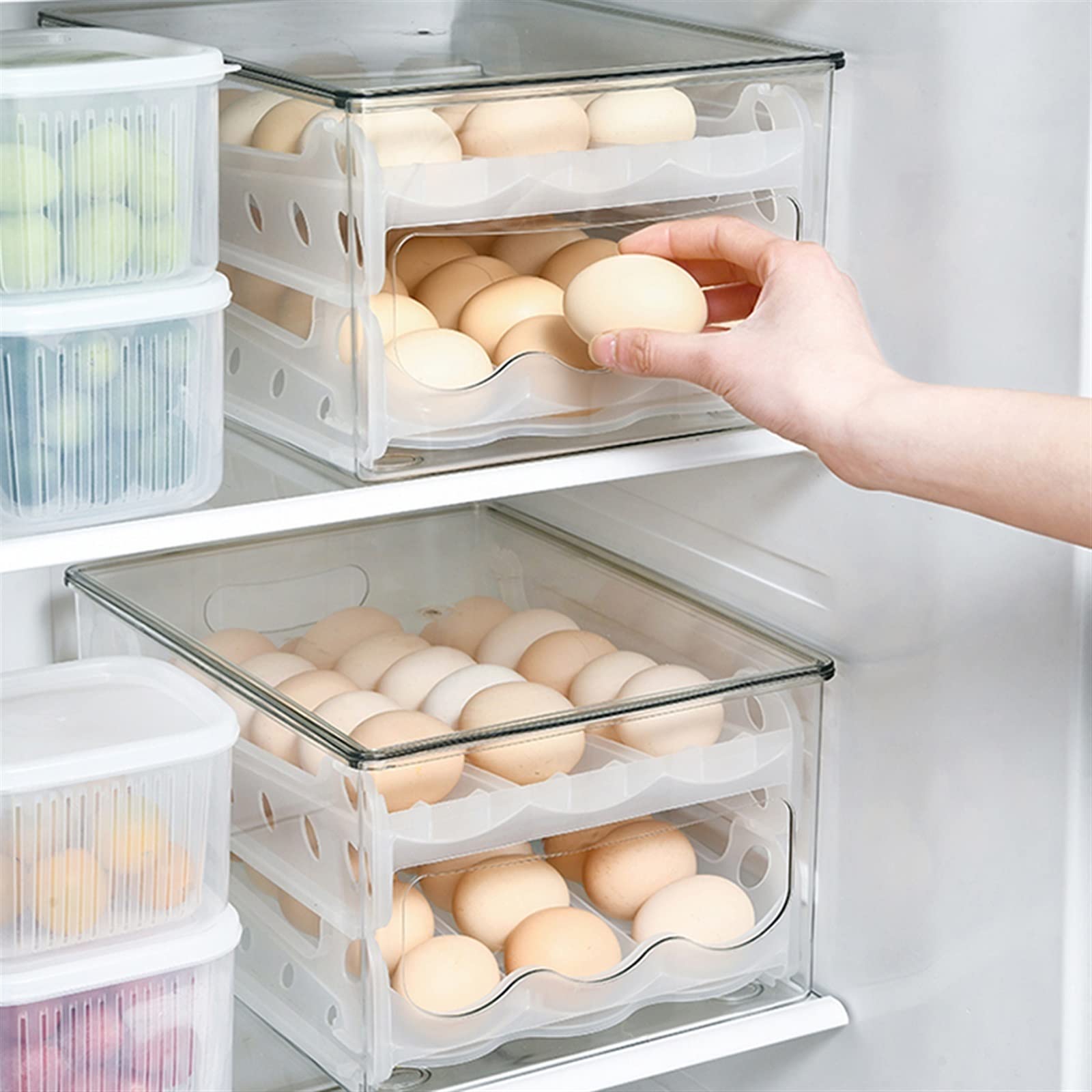 Caja de Huevos para Nevera, Caja de Almacenamiento Deslizante automática, organizadores de Nevera, Soporte para Huevos, contenedor, cajón de Nevera, Caja de Huevos apilable