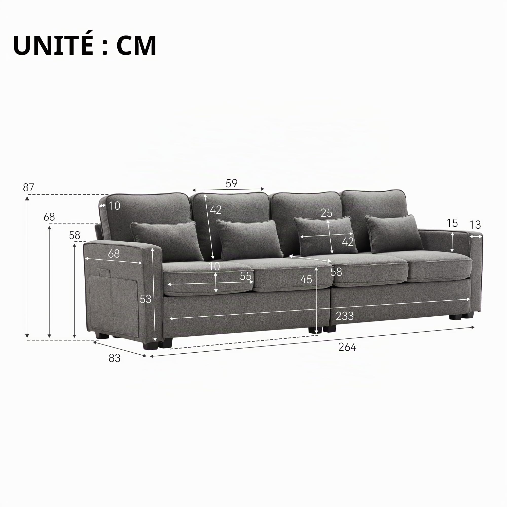 Sapgaks Canapé Moderne 4 Places en Tissu Lin avec Poches d'accoudoir et 4 Coussins, Style Simple adapté au Salon, Appartement, Bureau, Gris foncé