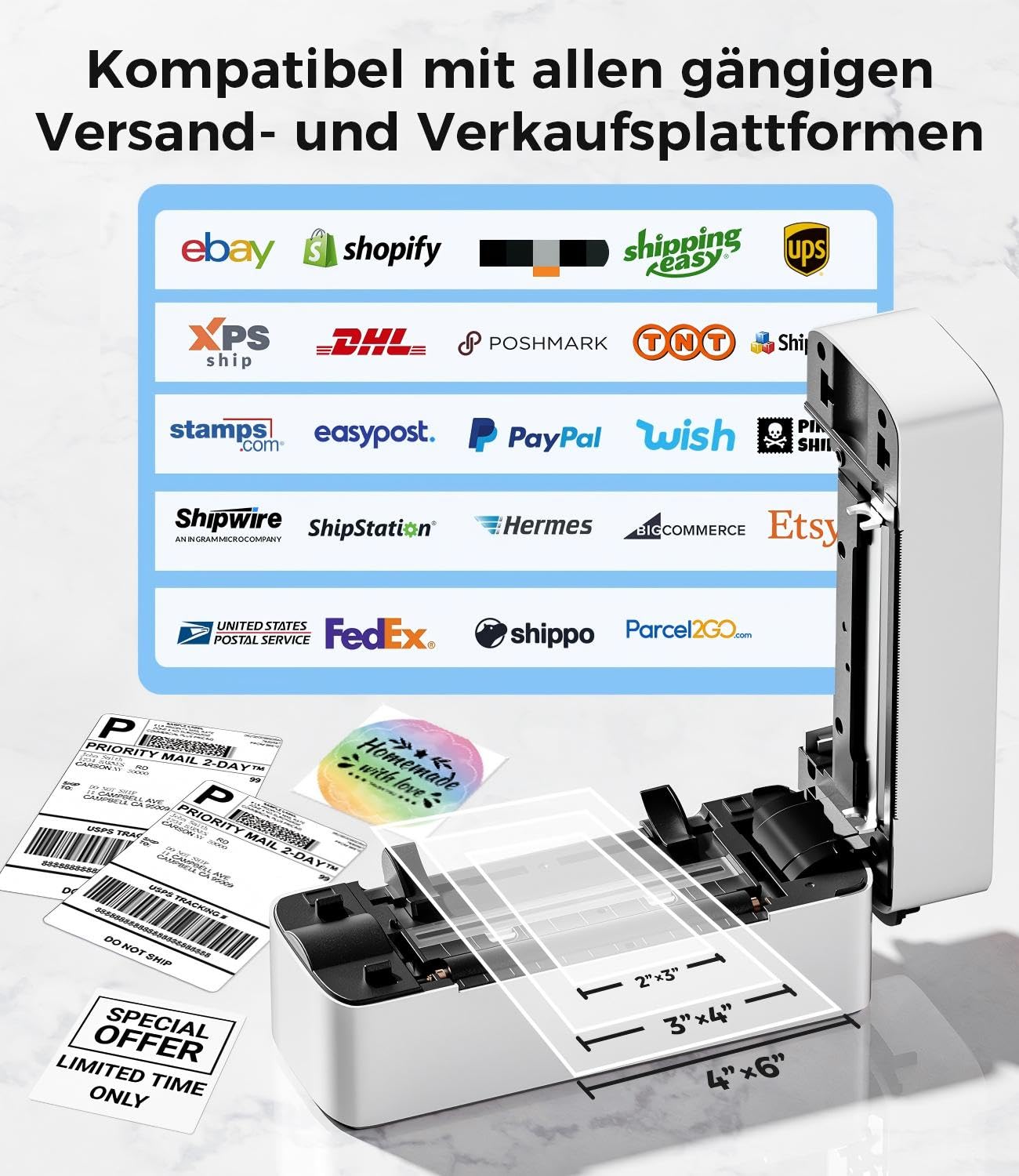 Phomemo Bluetooth DHL Etikettendrucker, Label Printer 4x6 Thermodrucker | Labeldrucker Versandetiketten Drucker für Barcode, Amazon, Etsy, Shopify, DHL, DPD, GLS, FedEx, Tintenlos,241BT Schwarz-weiß