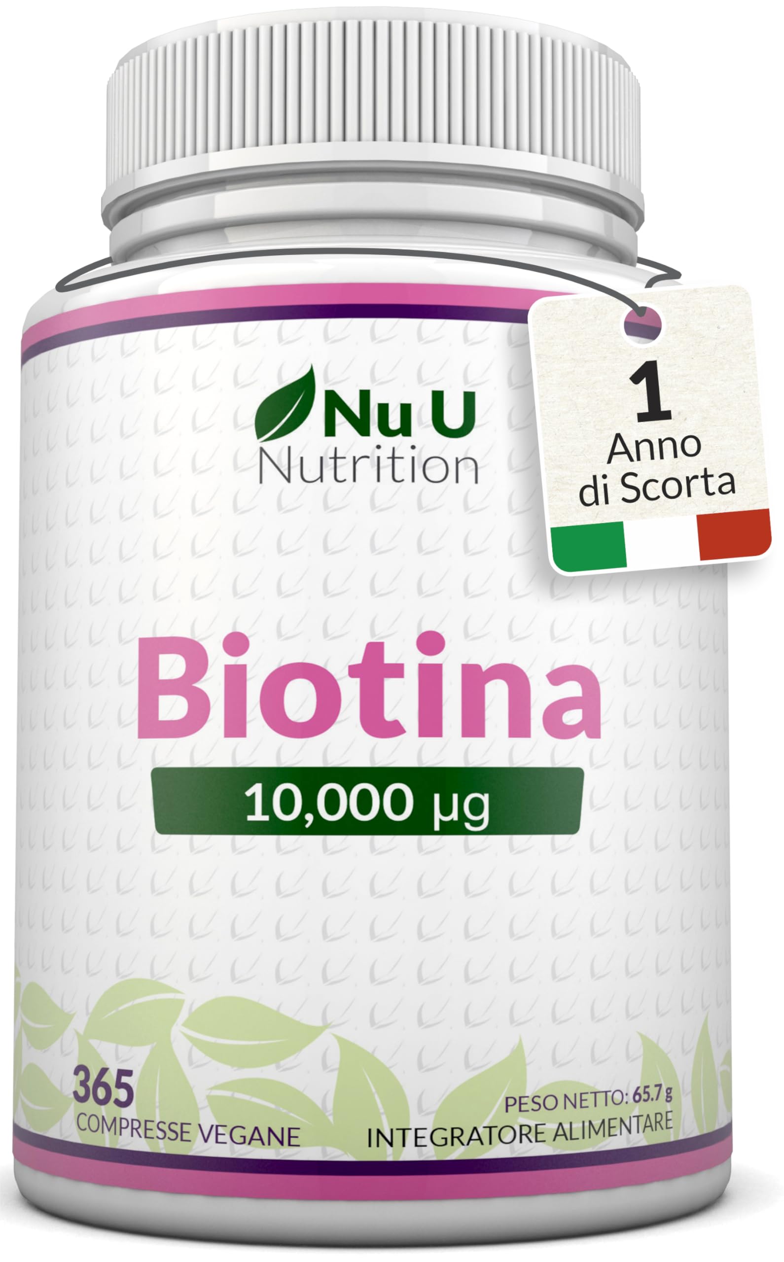 Biotina 10000 mcg - 365 Compresse Vegane - 1 Anno di Trattamento - Integratore per Crescita Capelli, Unghie & Pelle - Prodotto in Europa - Nu U Nutrition