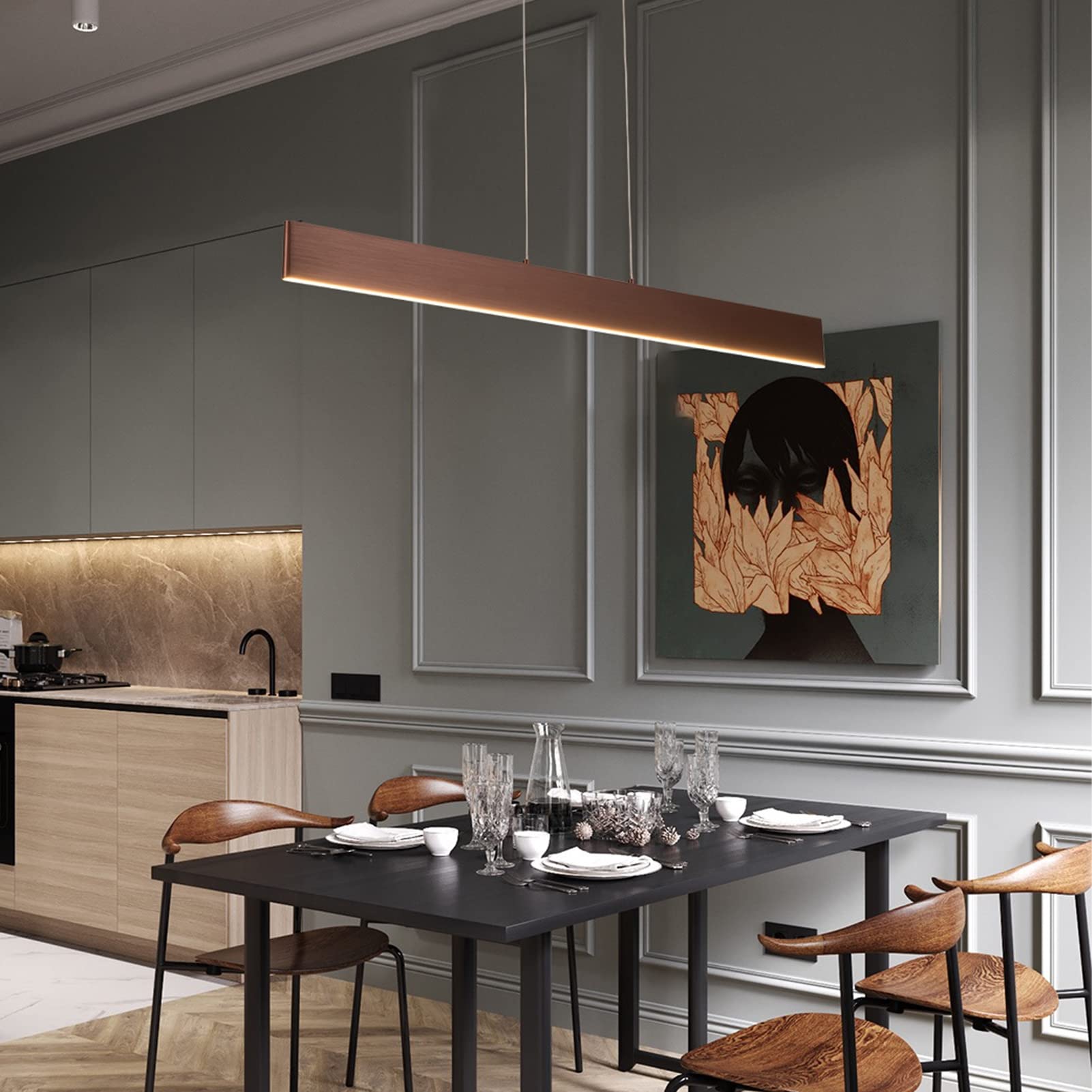 Lampadario Moderno per Sala da Pranzo, Lampada a Sospensione Creativa e Semplice con Finitura Spazzolata, Lunga Striscia Luminosa, Ideale per Ufficio, Bar, Reception, Lampada da soffitto a l