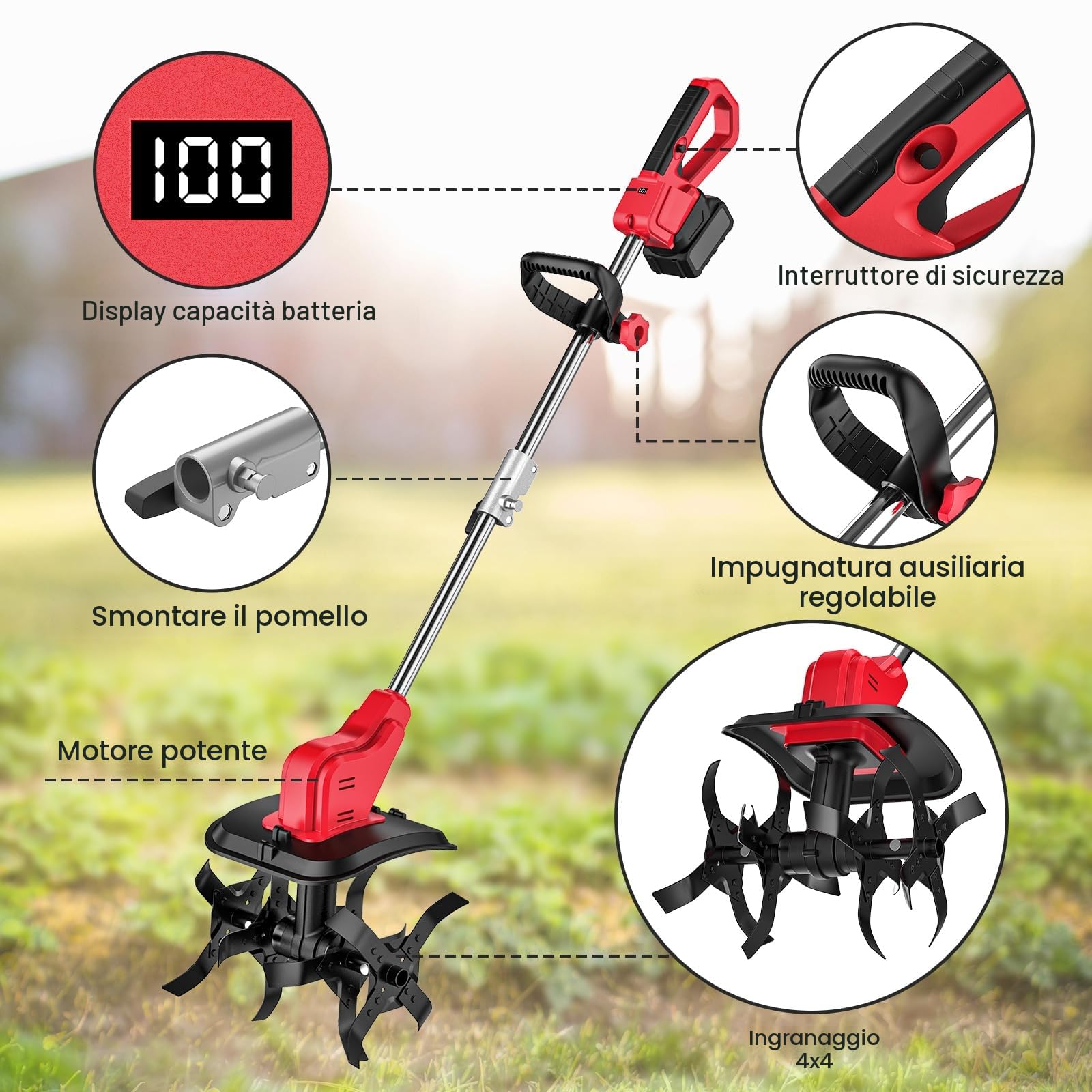 Motozappa Elettrica, Motozappa a Batteria con 2 x 4.0Ah Batteria, 3 Tipi di Lama, Display LED e Interruttore a Doppia Sicurezza, Larghezza 30 cm e Profondità 22 cm, per Giardinaggio e Coltivate