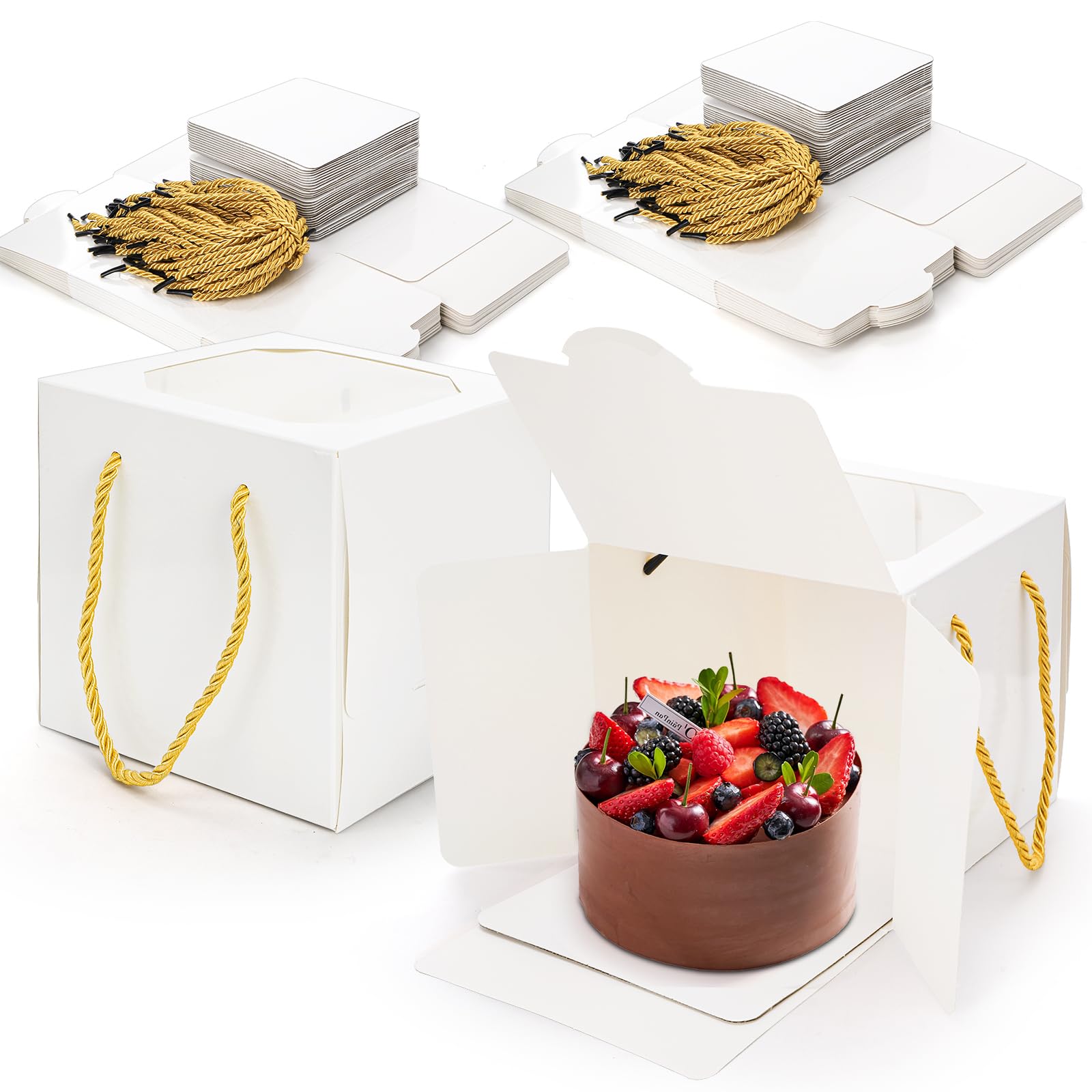 ZEAYEA 30 Pcs Small Cake Box with Window and Handles, 6 x 6 x 6 Inch White Bakery Boxes with Boards, Portable Single Cake Container, Treat Box for Cupcake, Chocolate, Pastries, Cookies, strawberries