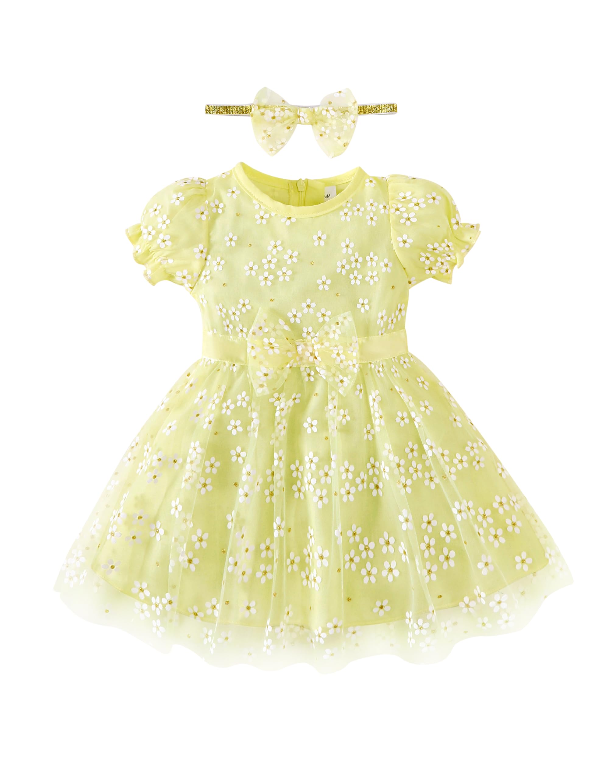 Baby Girl Flower Dress Summer Toddler Dresses Princess Birthday Wedding Party Tulle Dress for Girls 3M to 3T Yellow 3-6 Months