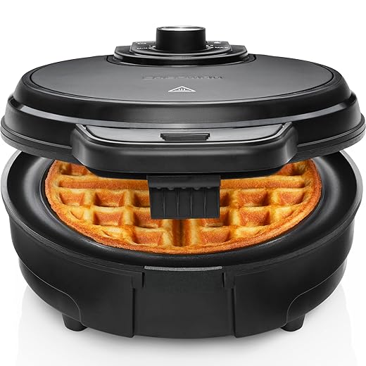 Chefman Anti-Overflow Belgian Waffle Maker w/Shade Selector, Temperature Control, Mess Free Moat, Round Nonstick Iron Plate, Cool Touch Handle, Measuring Cup Included, Black Stainless Steel