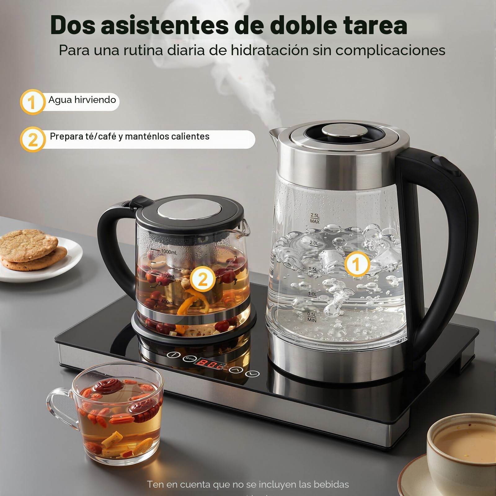 Hervidor de agua eléctrico de doble foco, 1500 W, de cristal, 1 L + 2,5 L, tetera con ajustes de temperatura y panel táctil, para café y té