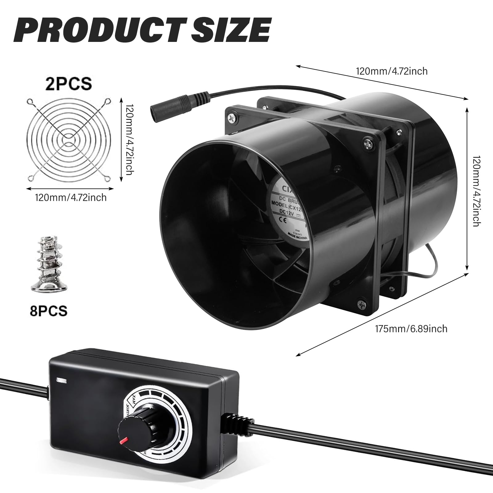 GOMETY Ventilatore tubolare da 100 mm, DC12 V, ventola assiale, 100 mm, con regolatore di velocità, ventola per tubi da 100 mm, rete silenziosa, adattatore per canale per serra, tenda da giardino